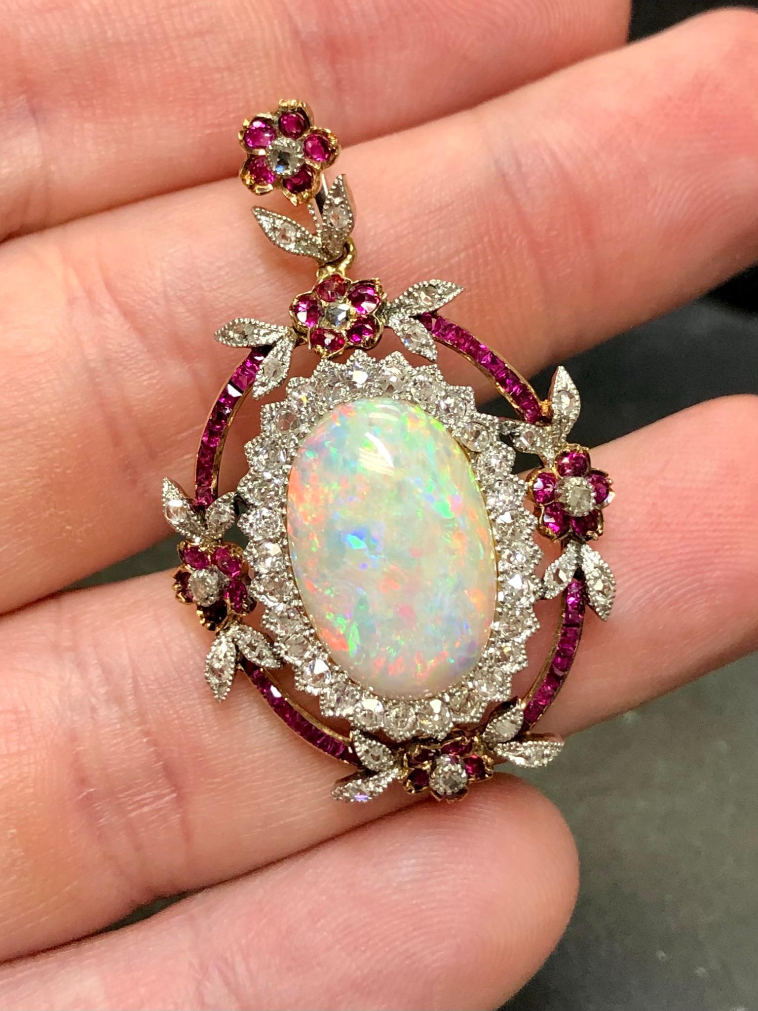 Antique Edwardian 14k Australian Opal Burmese Ruby Mine Diamond Pendant Necklace 4