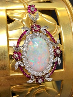 Antique Edwardian 14k Australian Opal Burmese Ruby Mine Diamond Pendant Necklace
