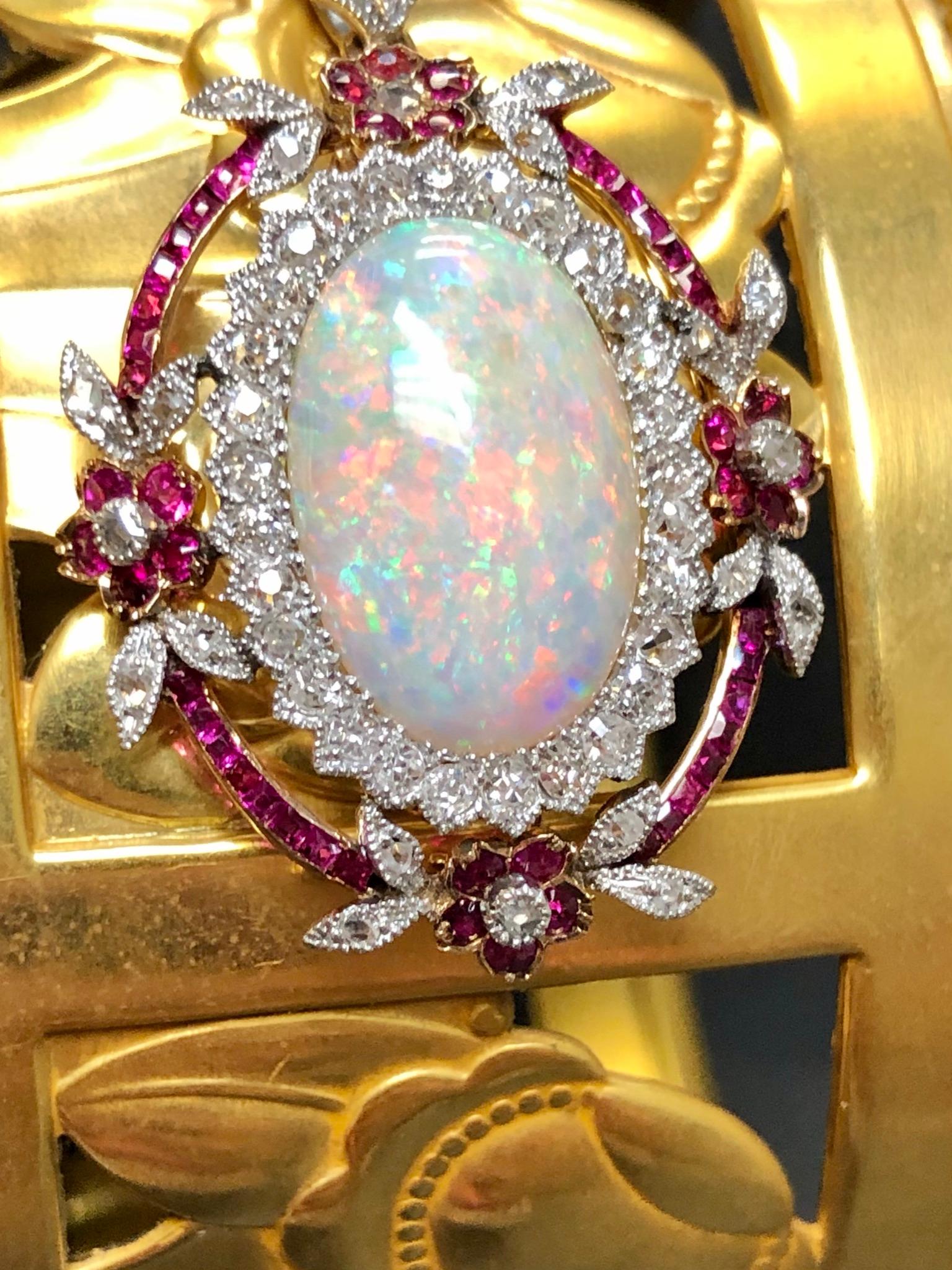 Cabochon Antique Edwardian 14k Australian Opal Burmese Ruby Mine Diamond Pendant Necklace