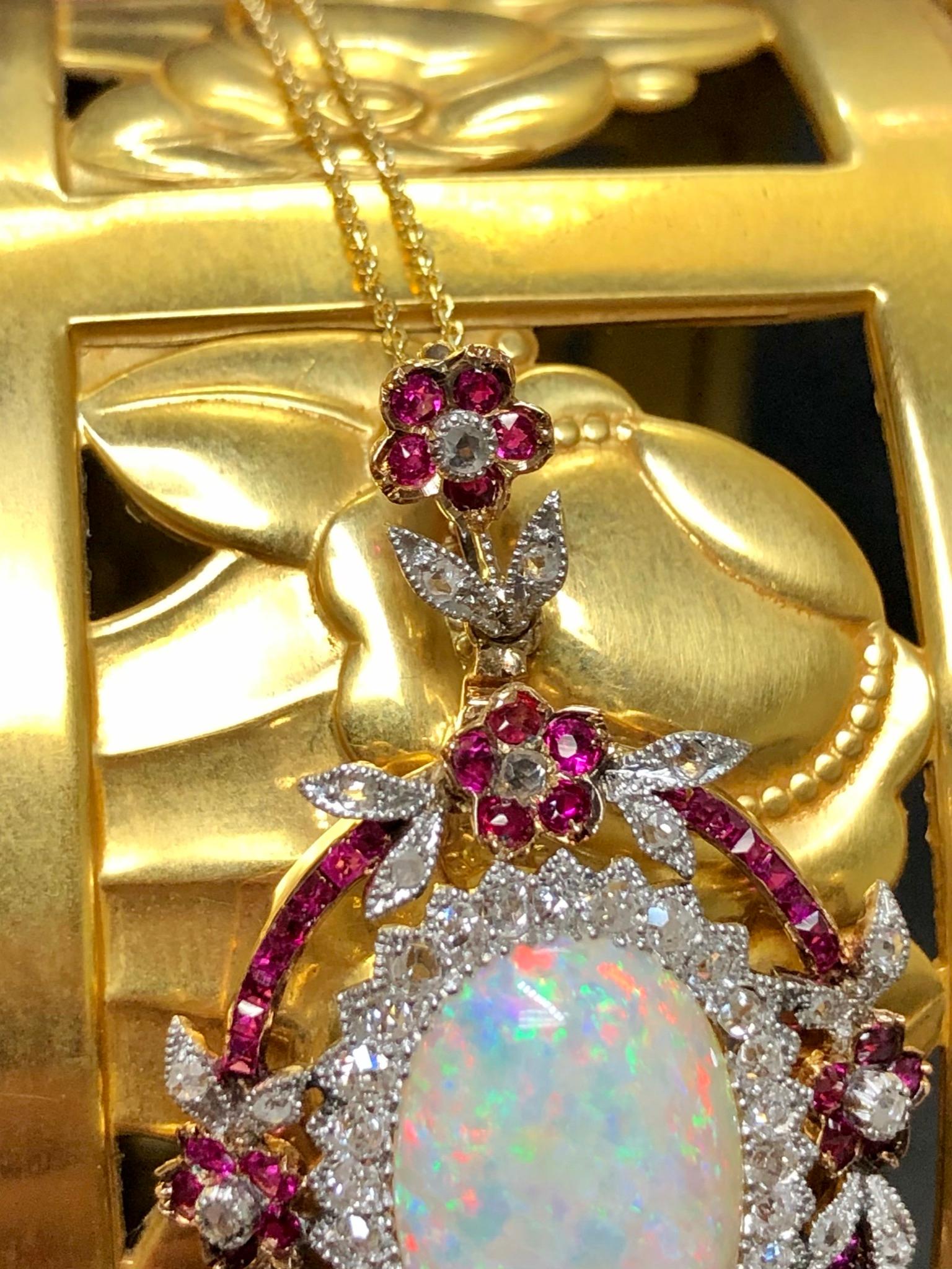 Antique Edwardian 14k Australian Opal Burmese Ruby Mine Diamond Pendant Necklace In Good Condition In Winter Springs, FL