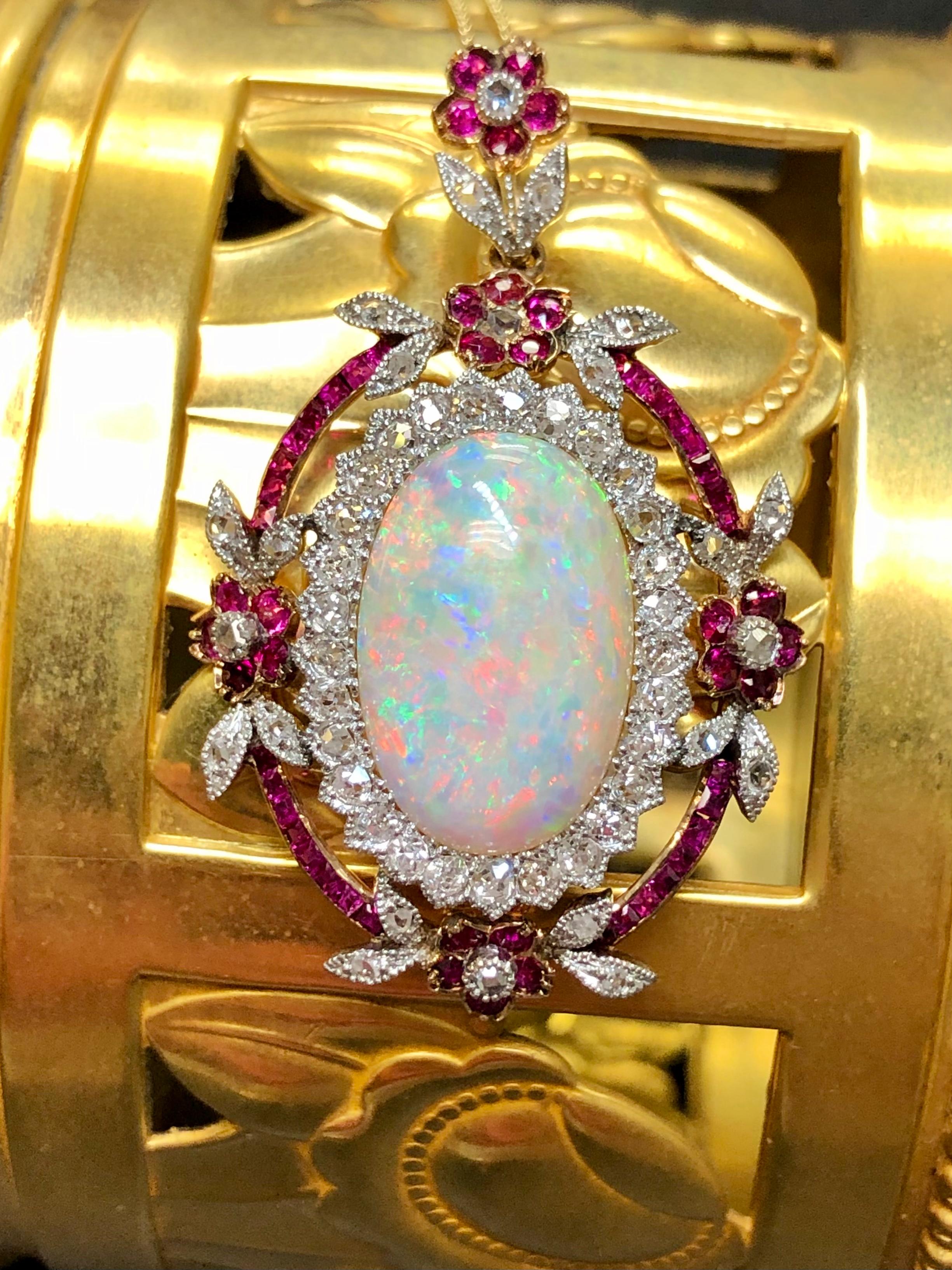 Women's Antique Edwardian 14k Australian Opal Burmese Ruby Mine Diamond Pendant Necklace