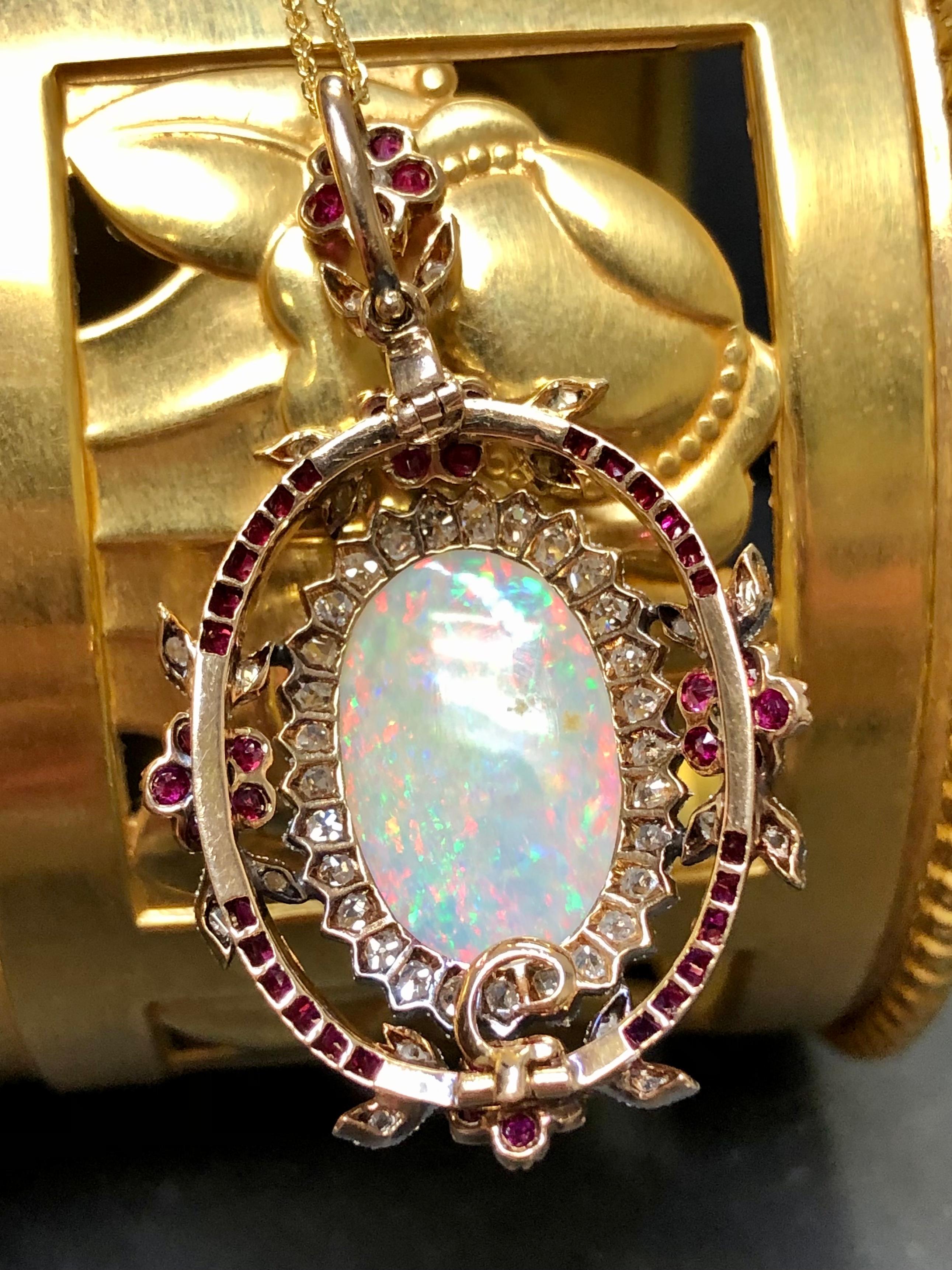 Antique Edwardian 14k Australian Opal Burmese Ruby Mine Diamond Pendant Necklace 1