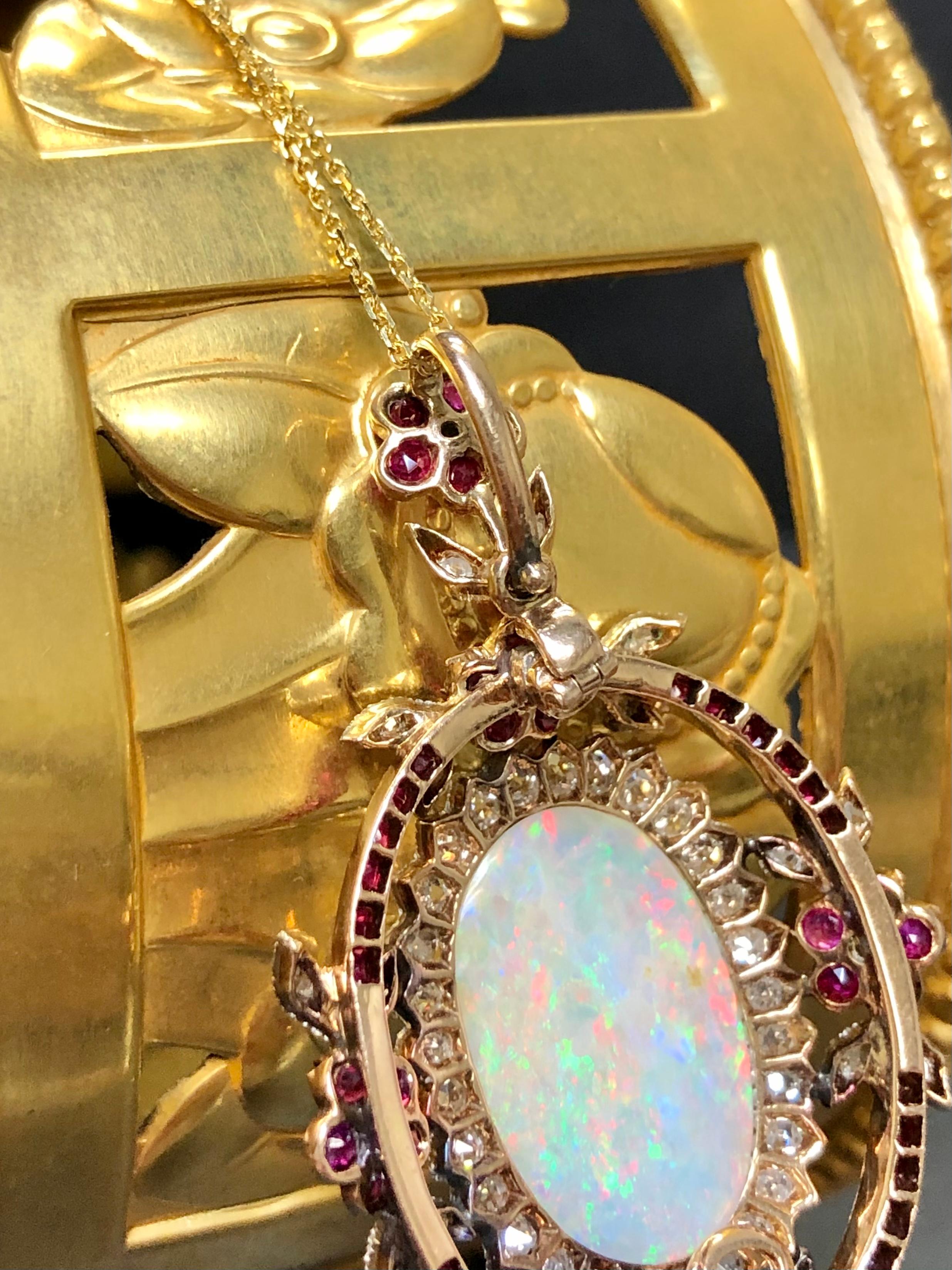 Antique Edwardian 14k Australian Opal Burmese Ruby Mine Diamond Pendant Necklace 2