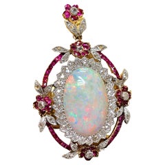 Antique Edwardian 14k Australian Opal Burmese Ruby Mine Diamond Pendant Necklace