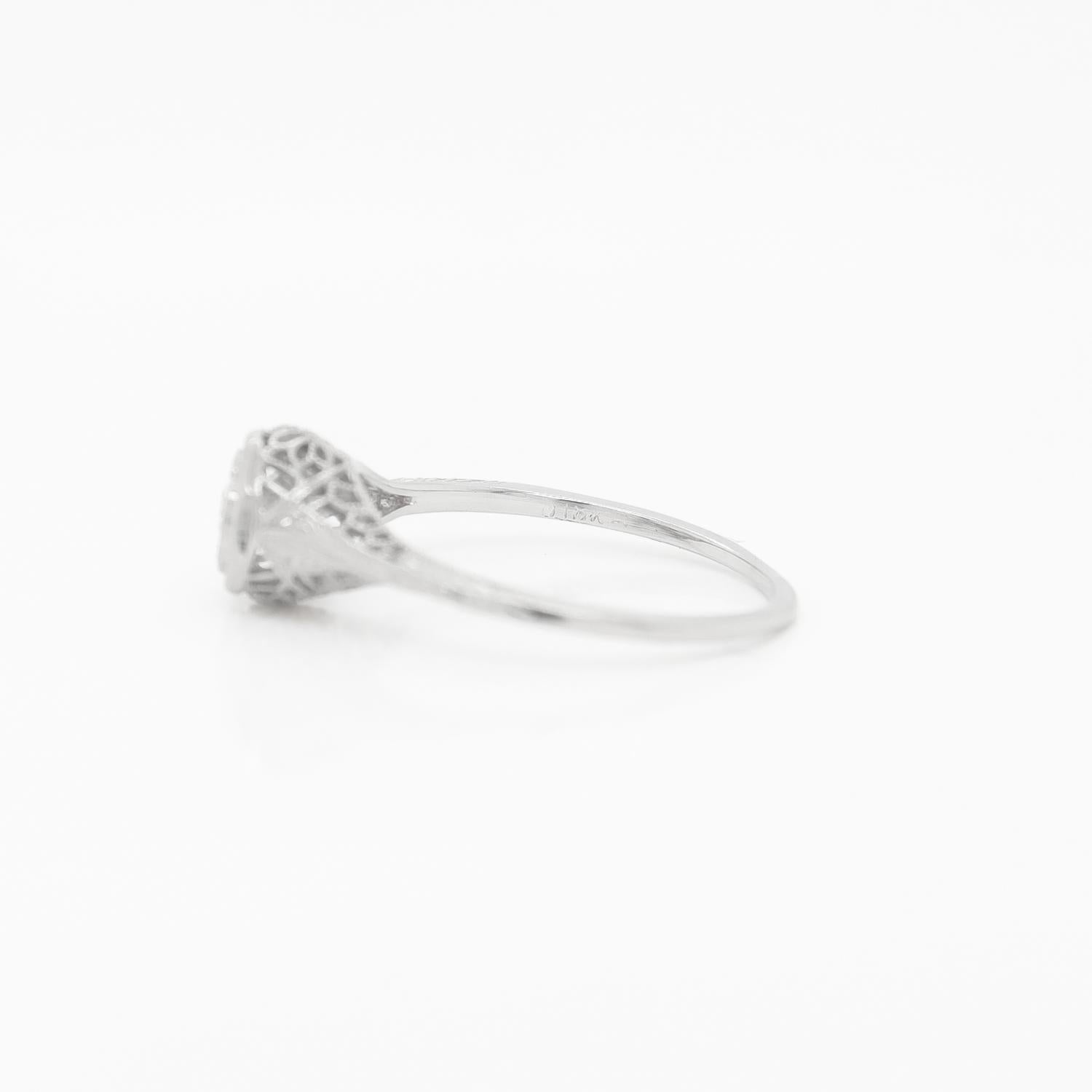Antique Edwardian 14K Filigree White Gold & Diamond Solitaire Engagement Ring For Sale 5