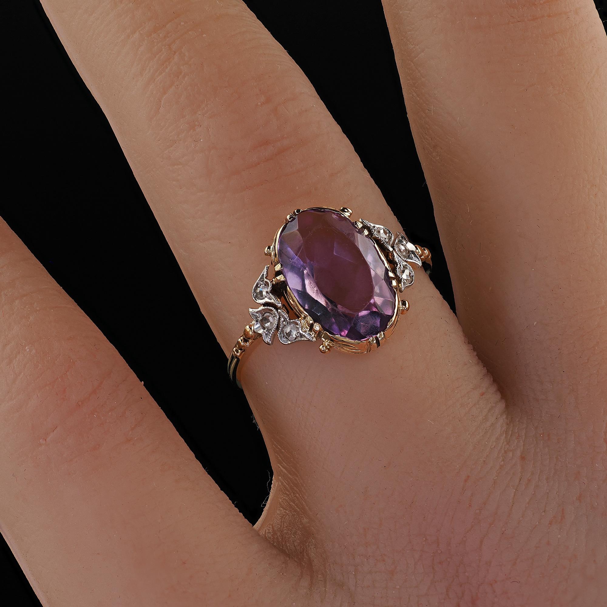 Antique Edwardian 14K Gold and Platinum Amethyst Diamond Engagement Ring 5