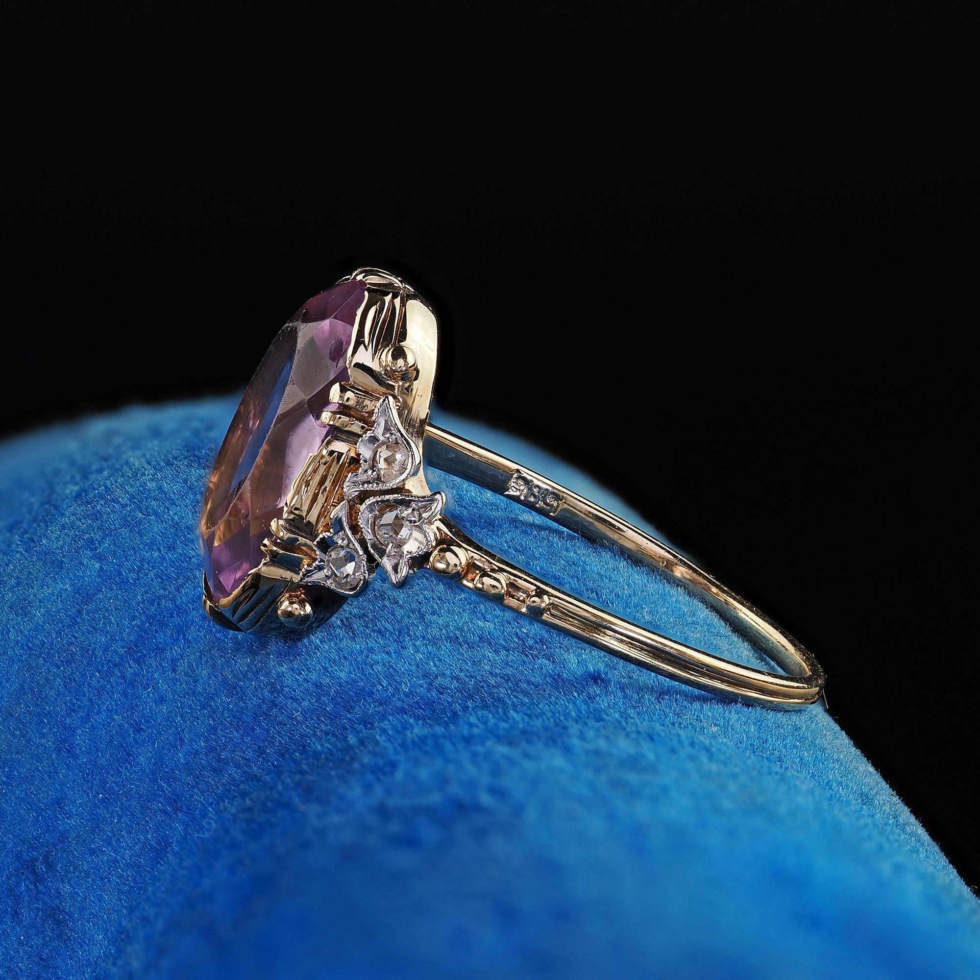 Antique Edwardian 14K Gold and Platinum Amethyst Diamond Engagement Ring In Good Condition In Great Neck, NY
