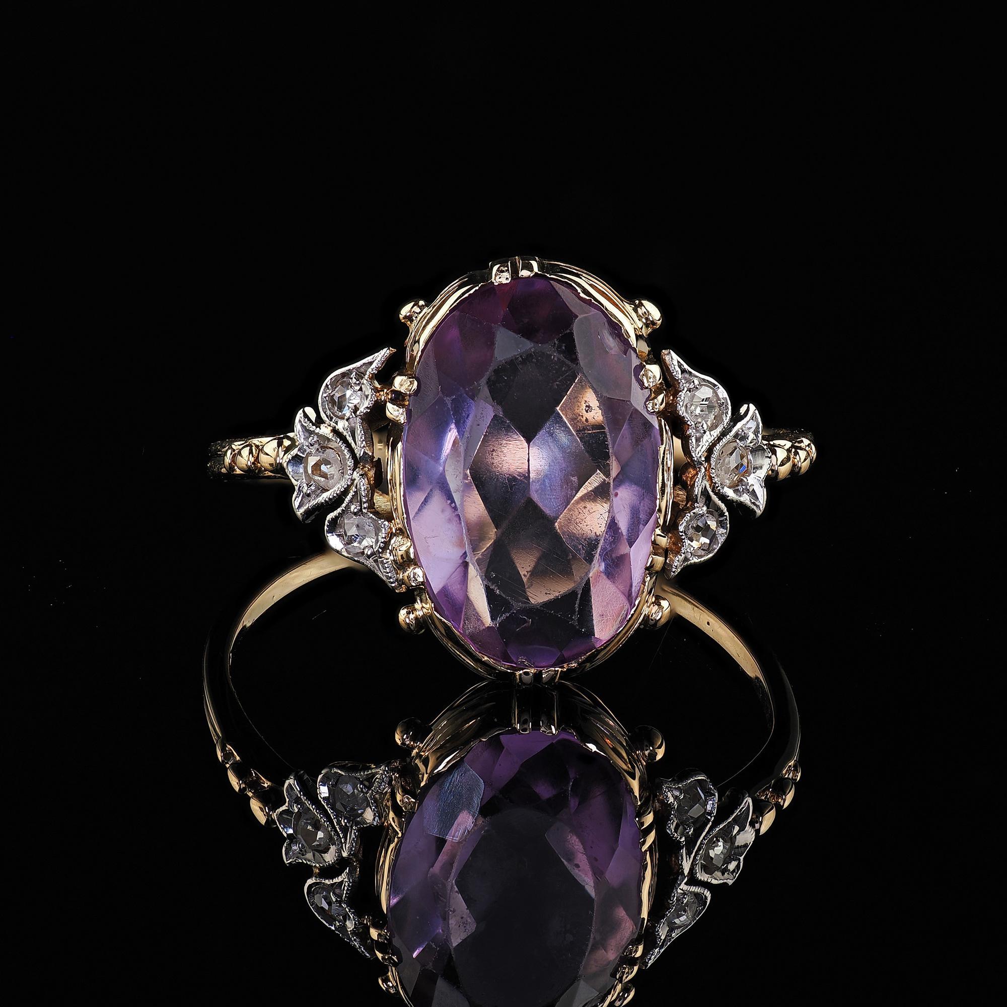 Antique Edwardian 14K Gold and Platinum Amethyst Diamond Engagement Ring 2