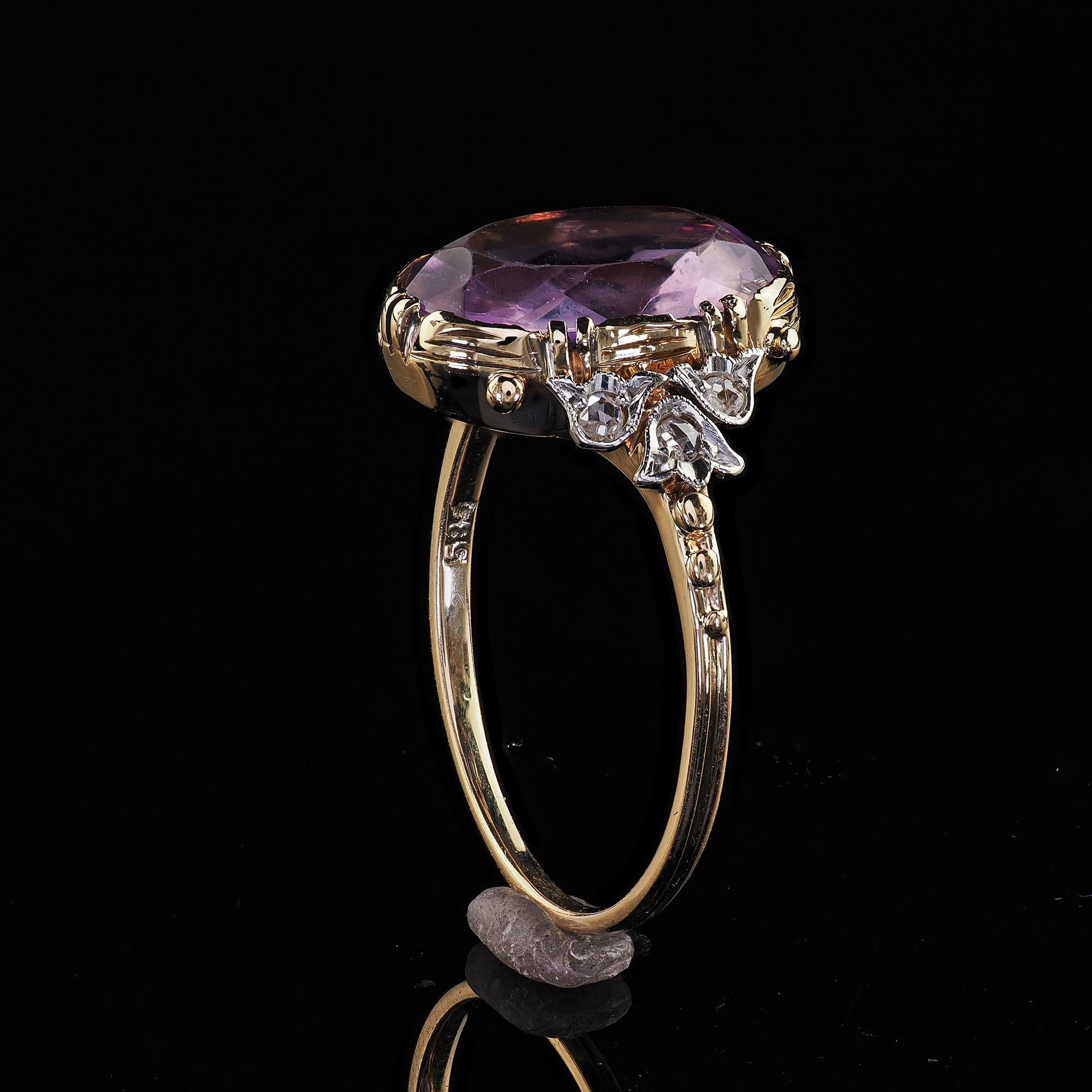Antique Edwardian 14K Gold and Platinum Amethyst Diamond Engagement Ring 4