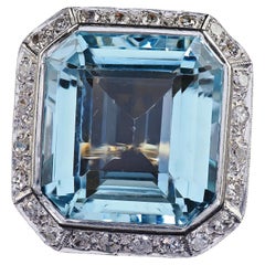 Antique Edwardian 14K Gold and Platinum Aquamarine and Diamond Cocktail Ring