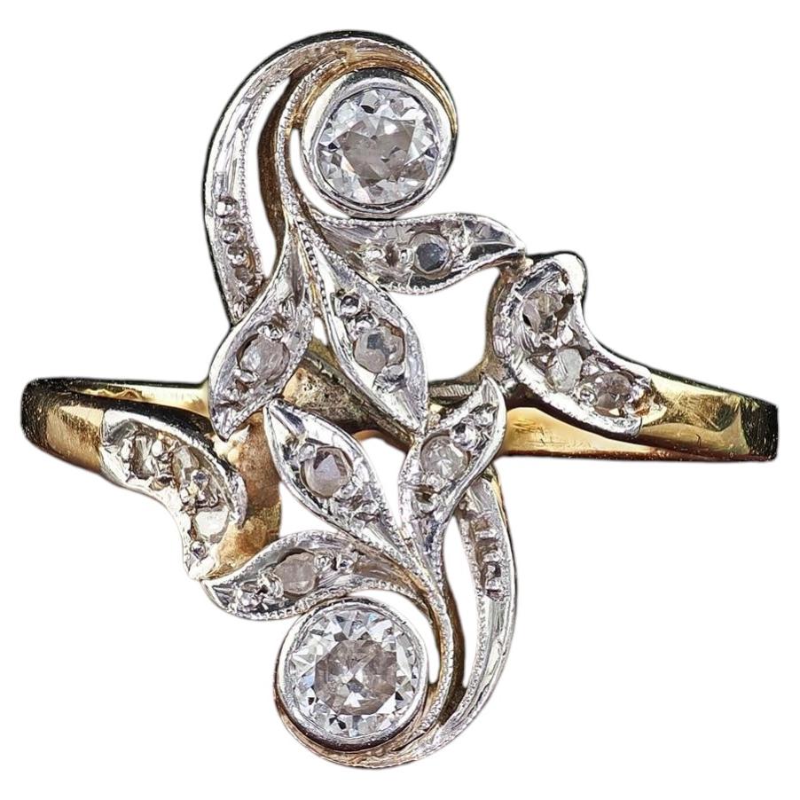 Antique Edwardian 14K Gold and Platinum Floral Old Euro Rose Cut Diamond Ring