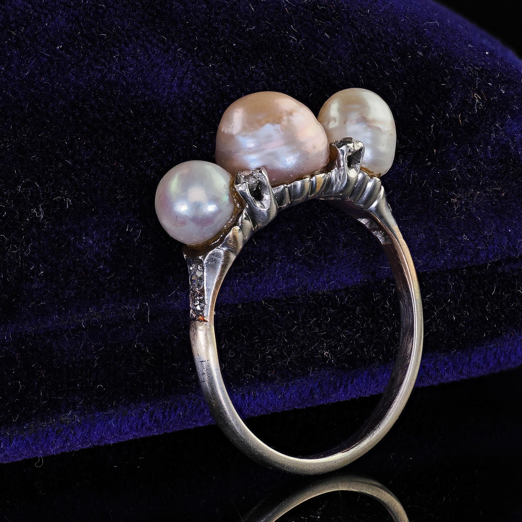 Edoardiano Anello antico edoardiano in oro 14K e platino con perle naturali e diamanti in vendita