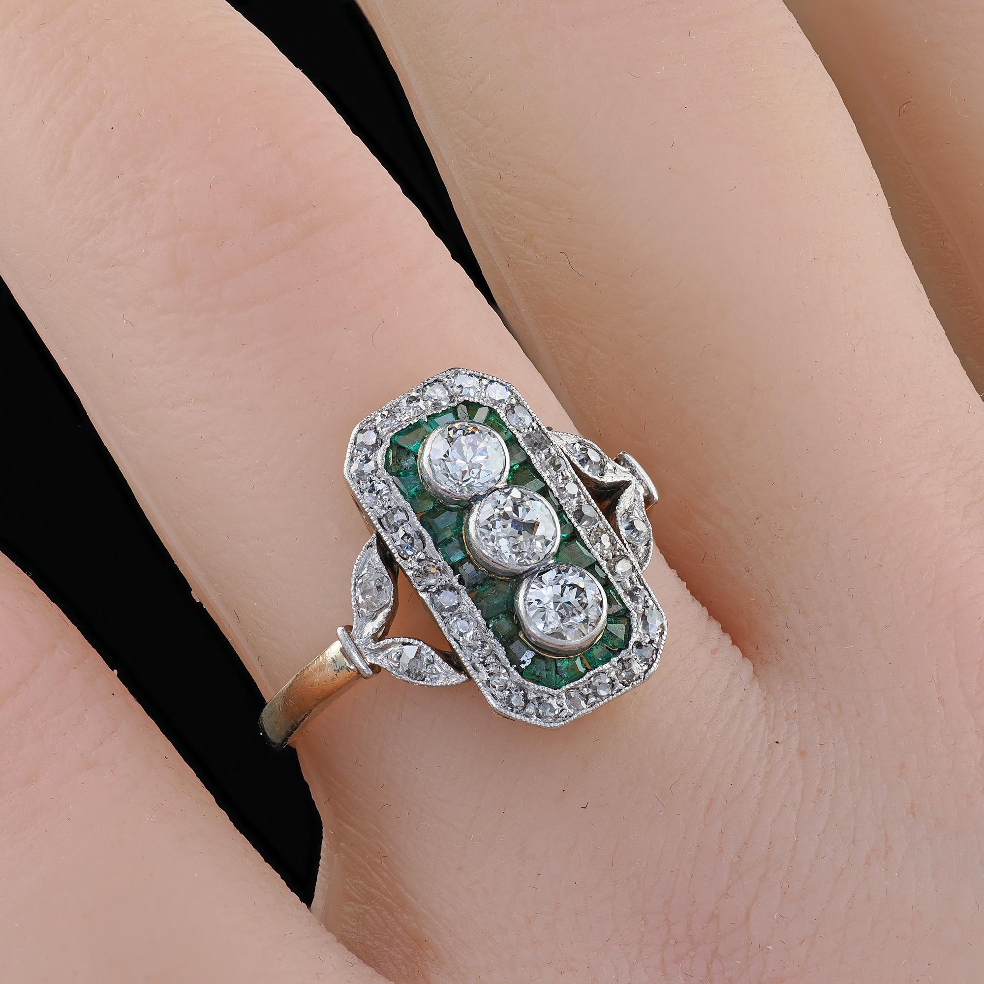 Antique Edwardian 14K Gold and Platinum Old Cut Diamond Emerald Shield Ring 5