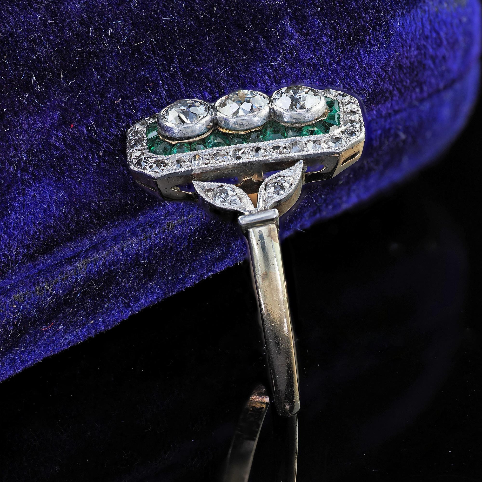 Old Mine Cut Antique Edwardian 14K Gold and Platinum Old Cut Diamond Emerald Shield Ring