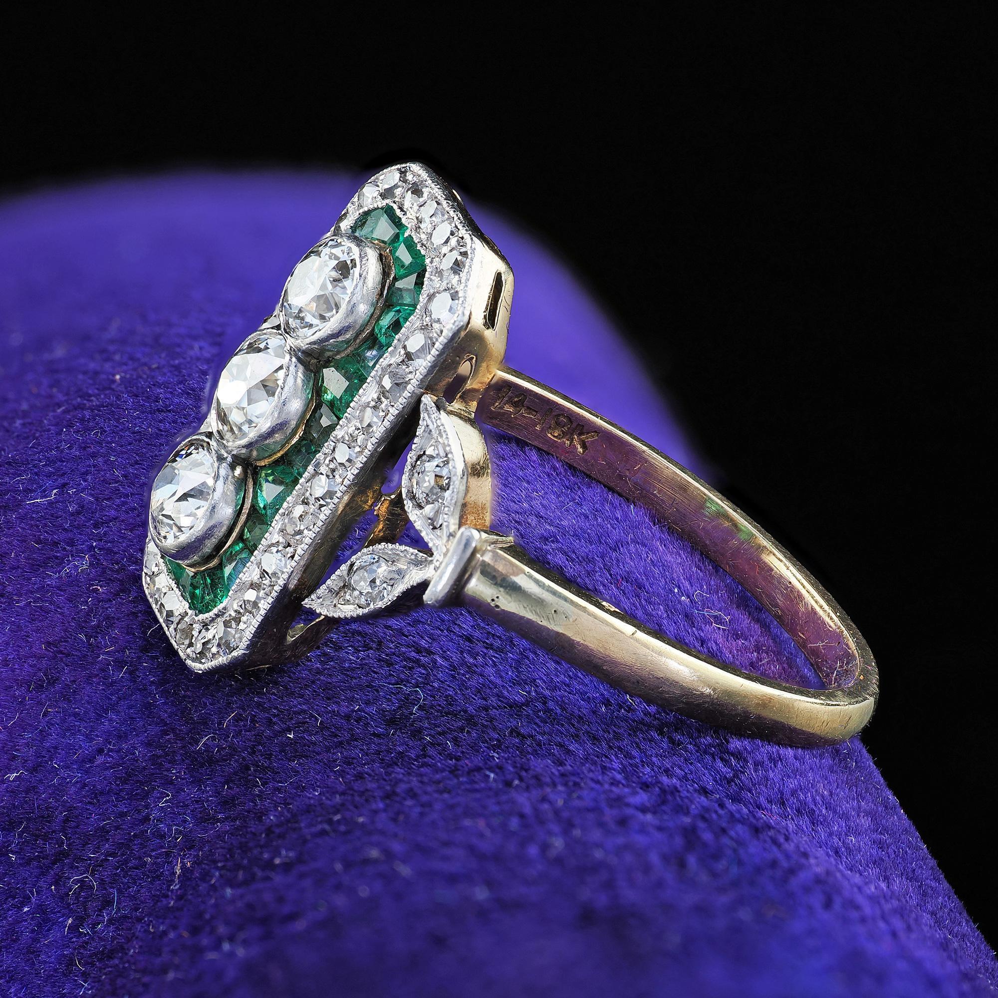 Women's Antique Edwardian 14K Gold and Platinum Old Cut Diamond Emerald Shield Ring