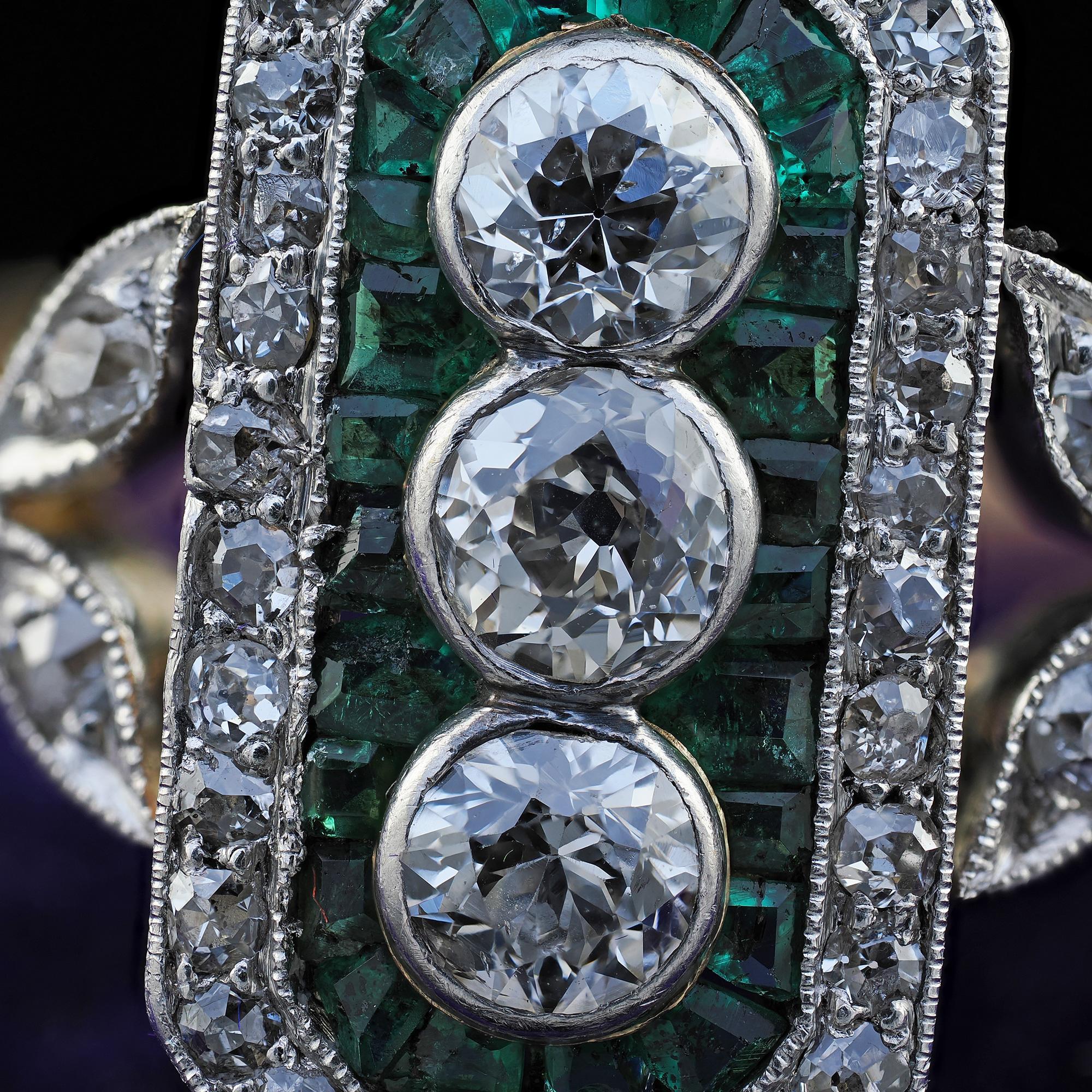 Antique Edwardian 14K Gold and Platinum Old Cut Diamond Emerald Shield Ring 1