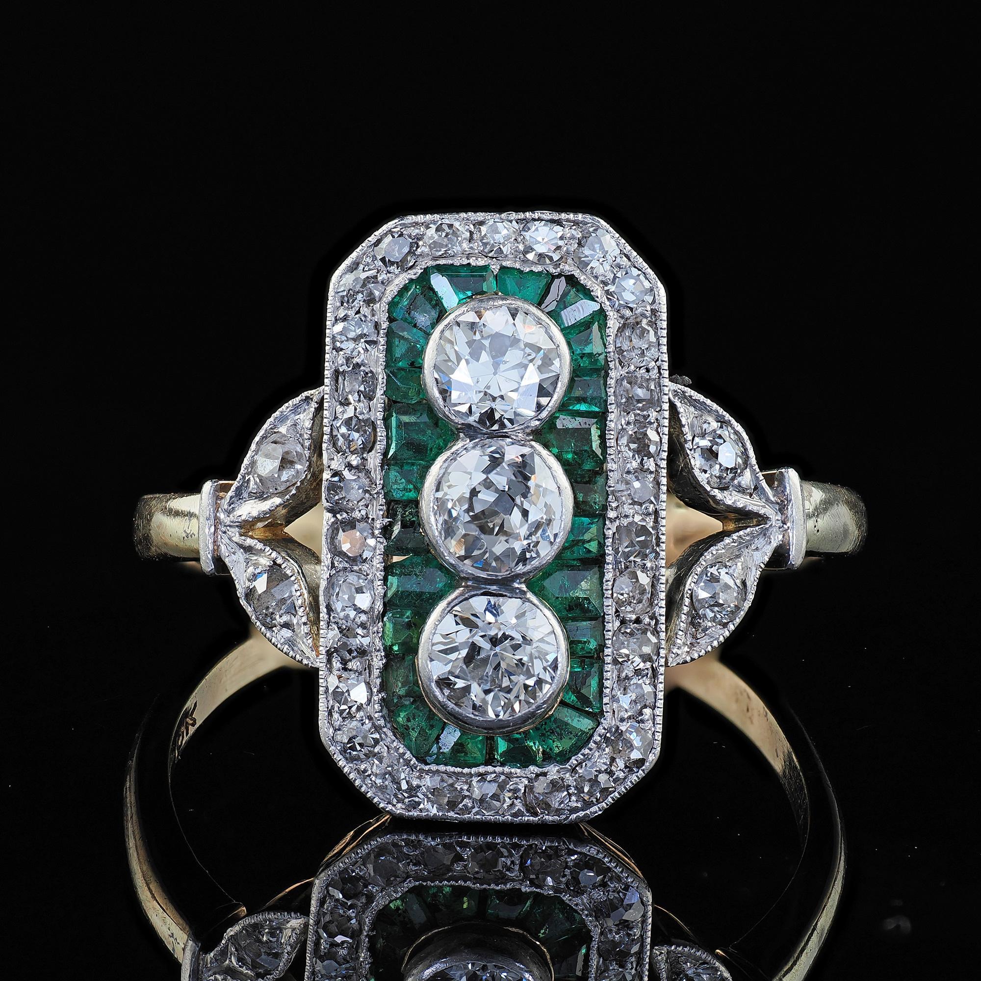 Antique Edwardian 14K Gold and Platinum Old Cut Diamond Emerald Shield Ring 2
