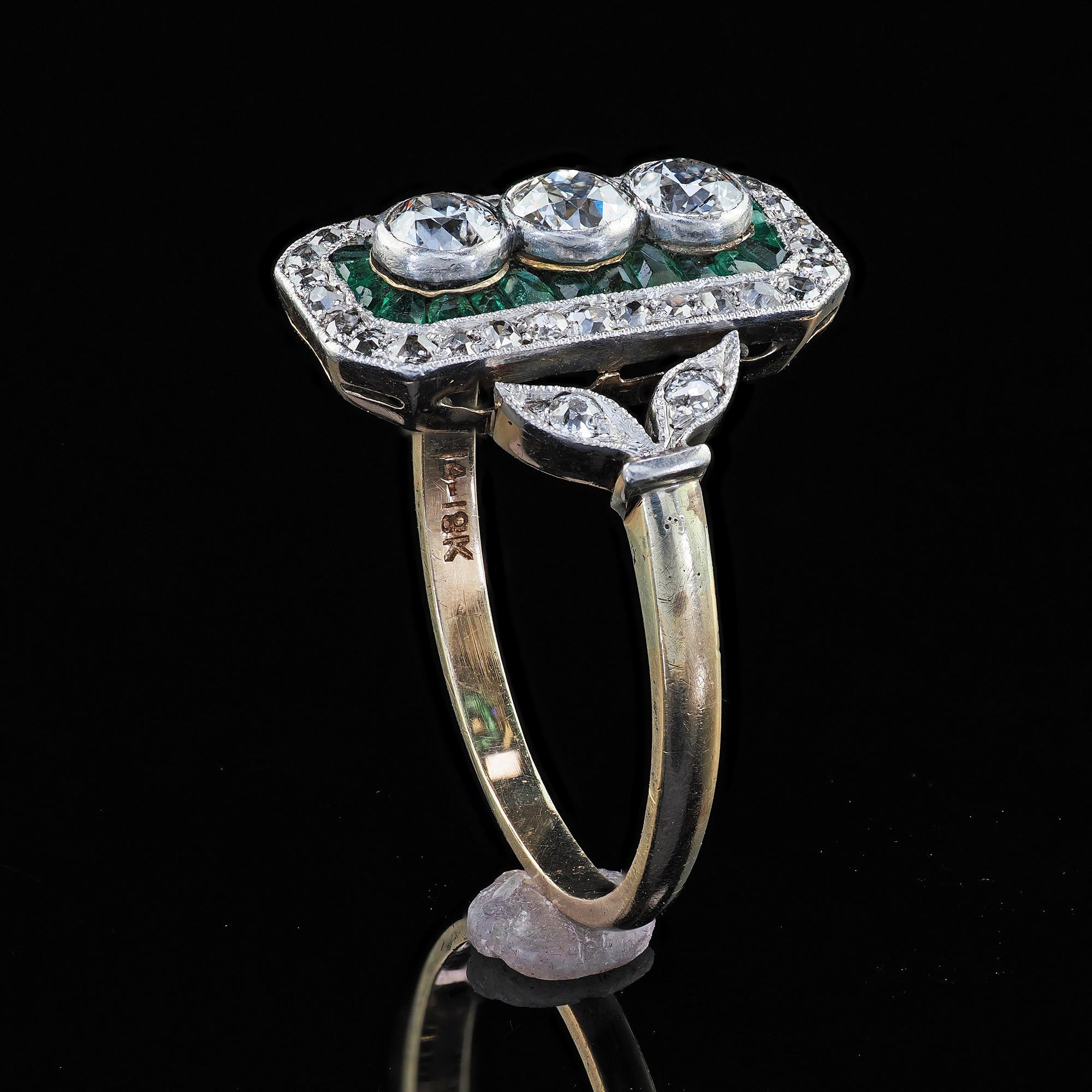 Antique Edwardian 14K Gold and Platinum Old Cut Diamond Emerald Shield Ring 4