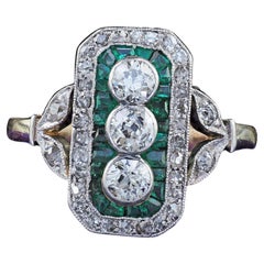 Antique Edwardian 14K Gold and Platinum Old Cut Diamond Emerald Shield Ring