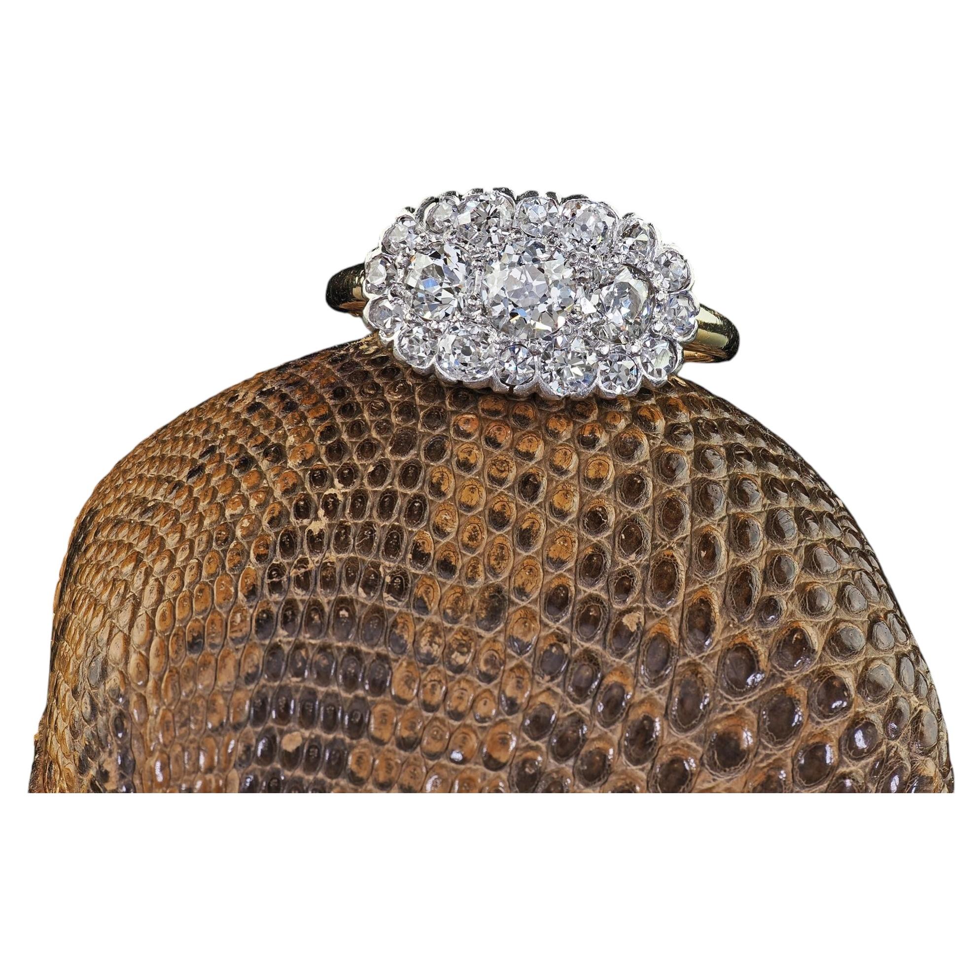 Antique Edwardian 14K Gold and Platinum Old Euro Diamond Cluster Ring For Sale