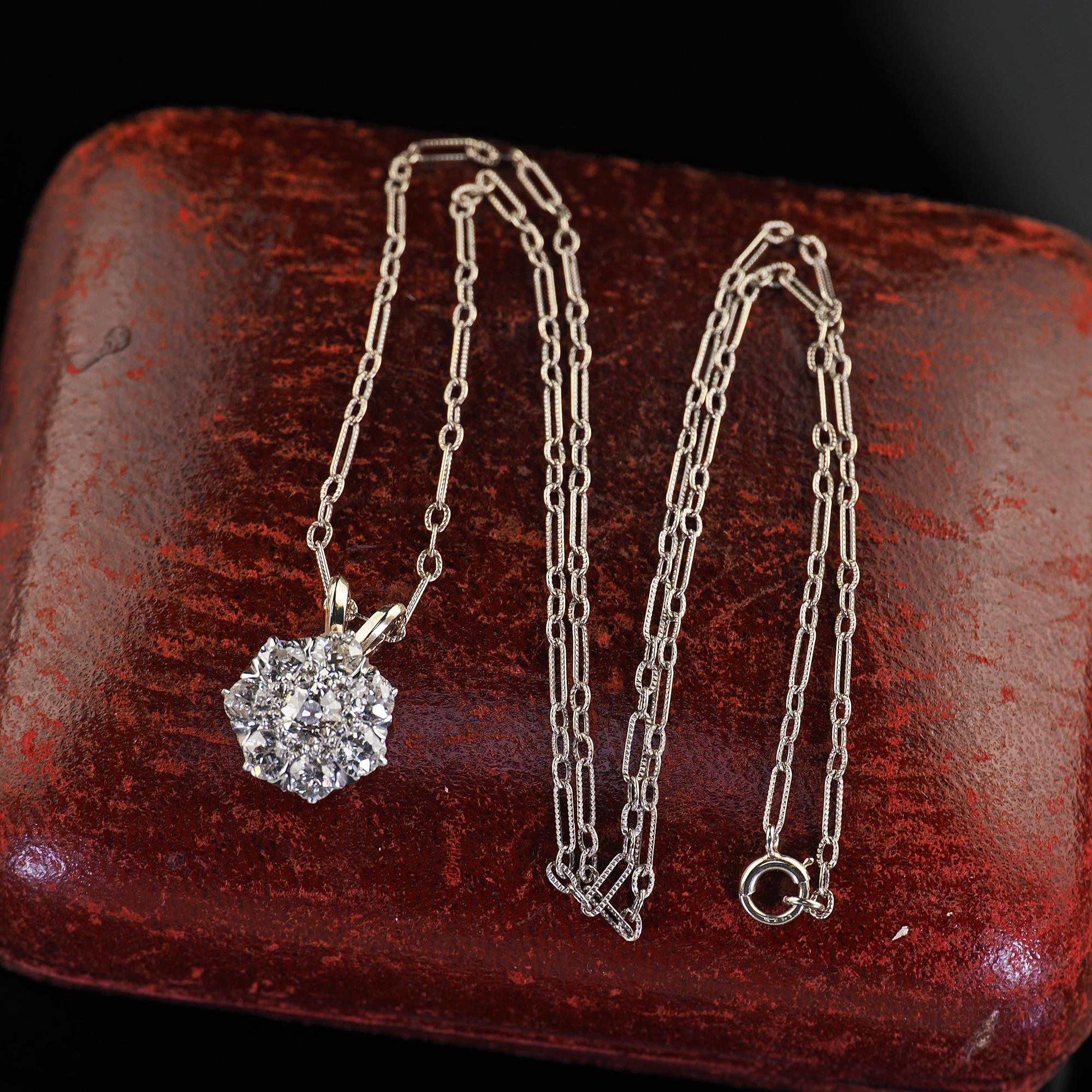 Pendentif ancien édouardien en or 14K et platine avec grappe de diamants de l'ancienne Europe en vente 3