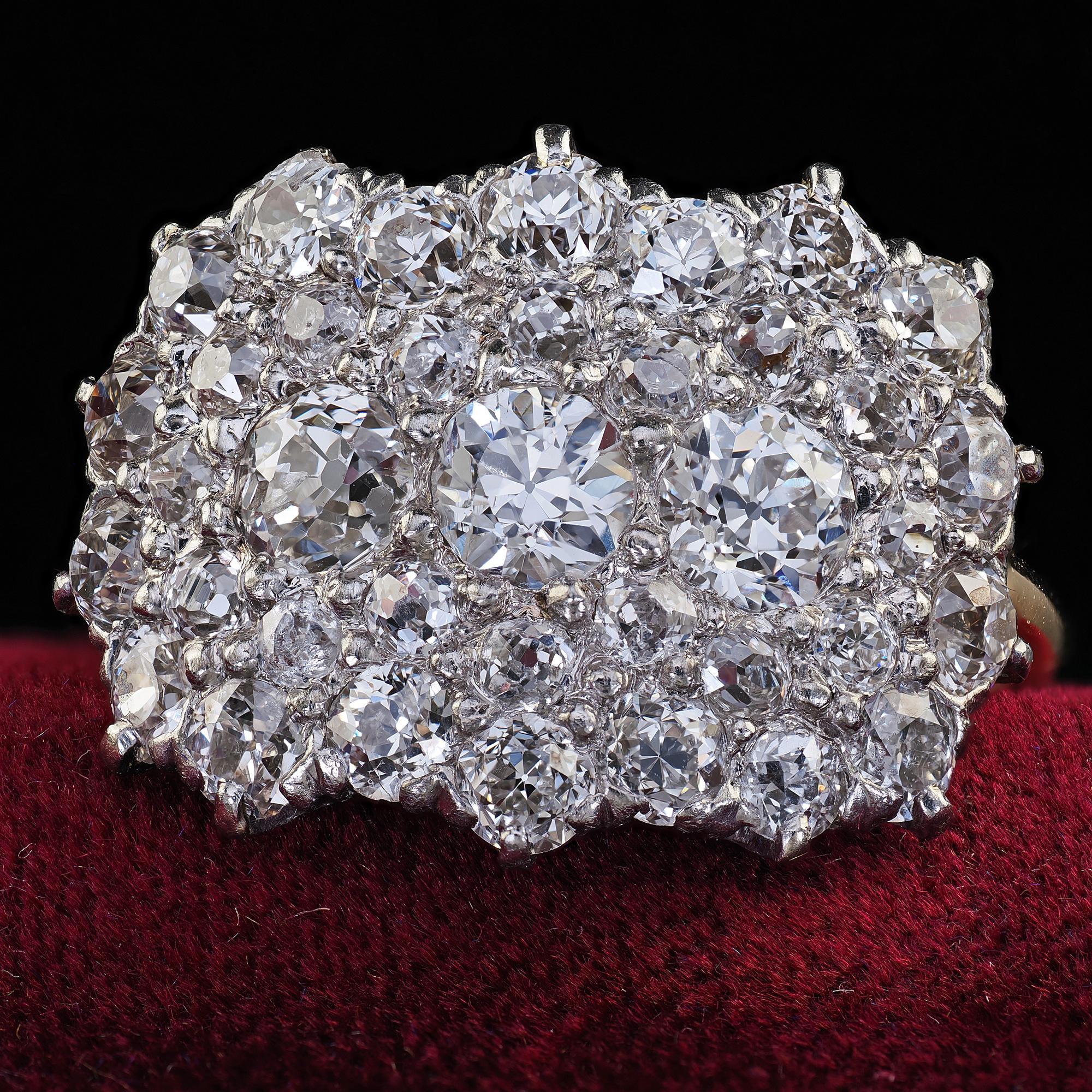 Bague édouardienne ancienne en or 14 carats et platine à larges grappes de diamants européens anciens Pour femmes en vente