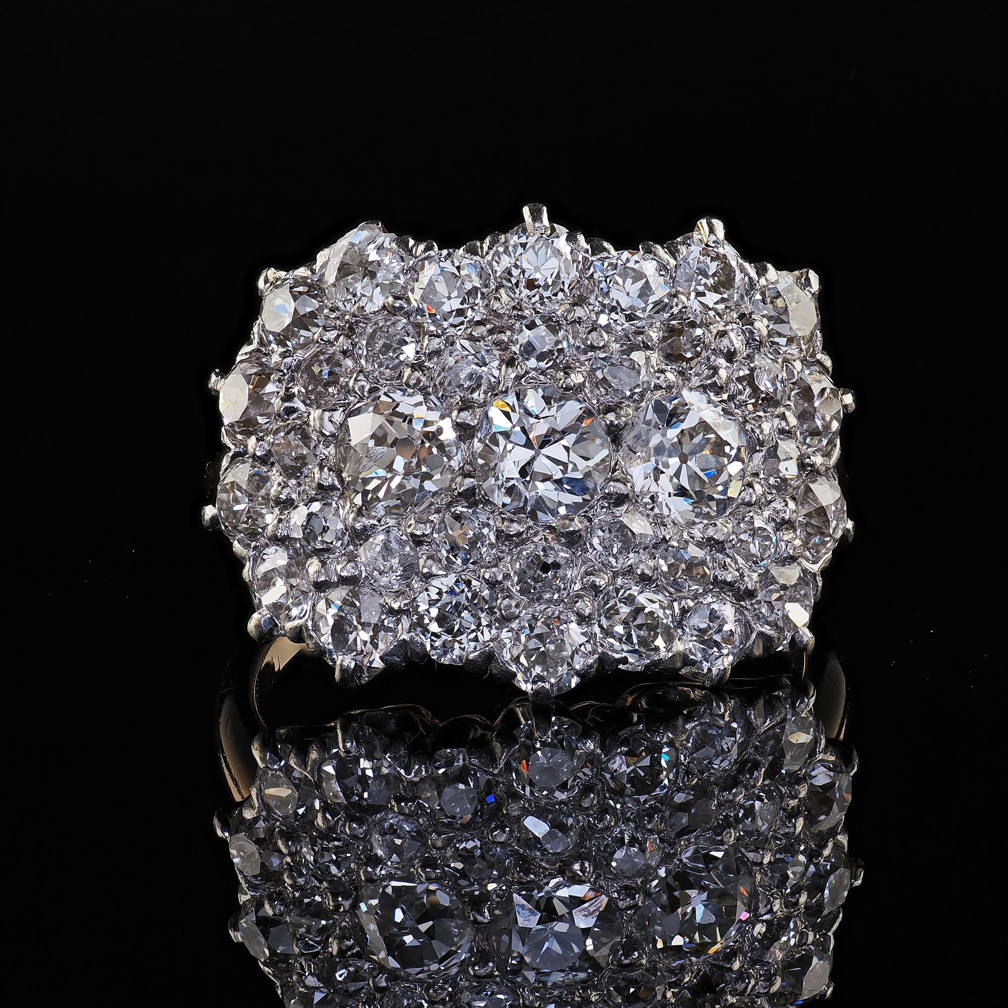 Bague édouardienne ancienne en or 14 carats et platine à larges grappes de diamants européens anciens en vente 1
