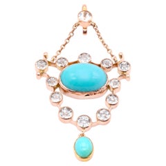 Antique Edwardian 14K Gold Aquamarine and Turquoise Lavalier Pendant