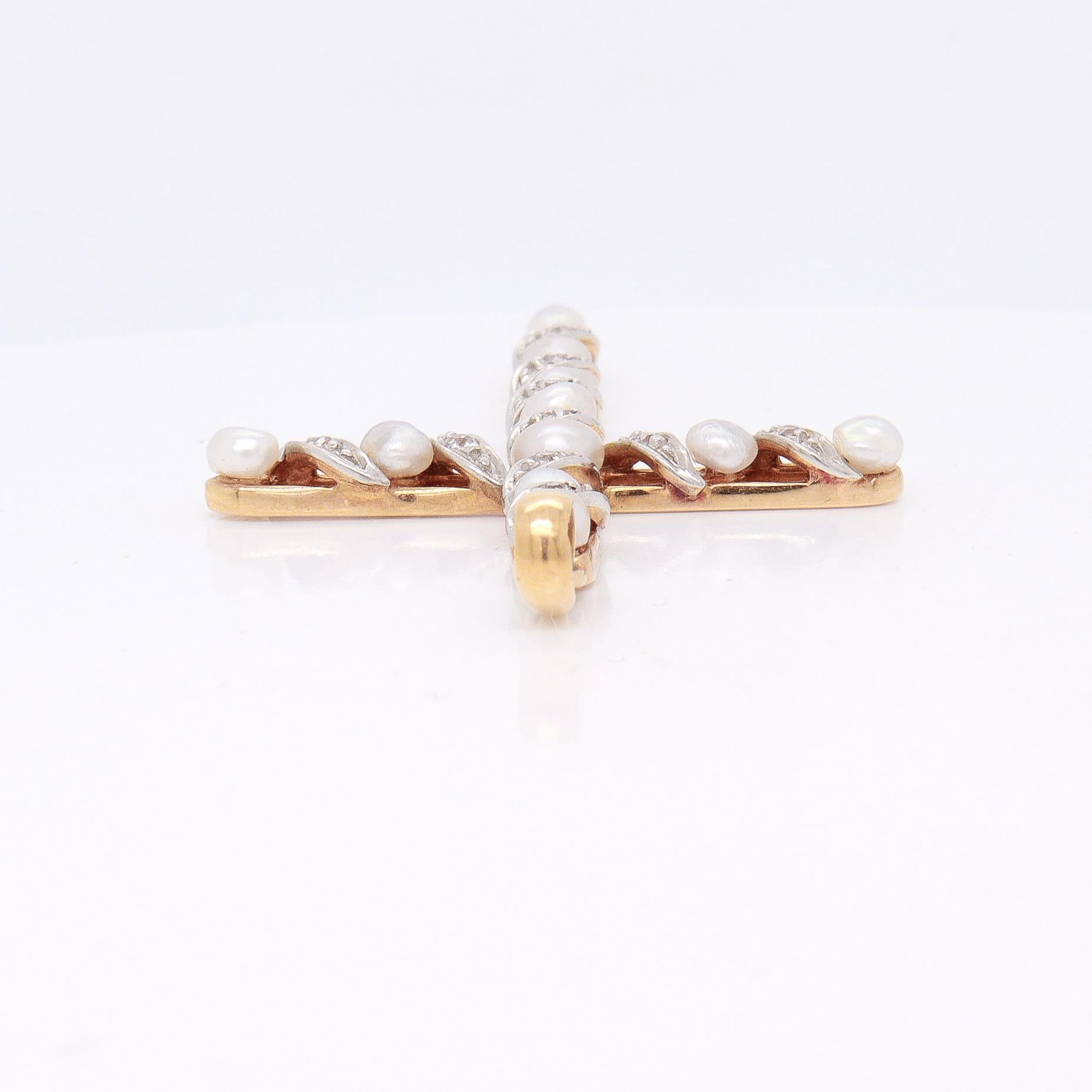 Pendentif croix en or 14K, diamants et perles baroques de style édouardien ancien en vente 6