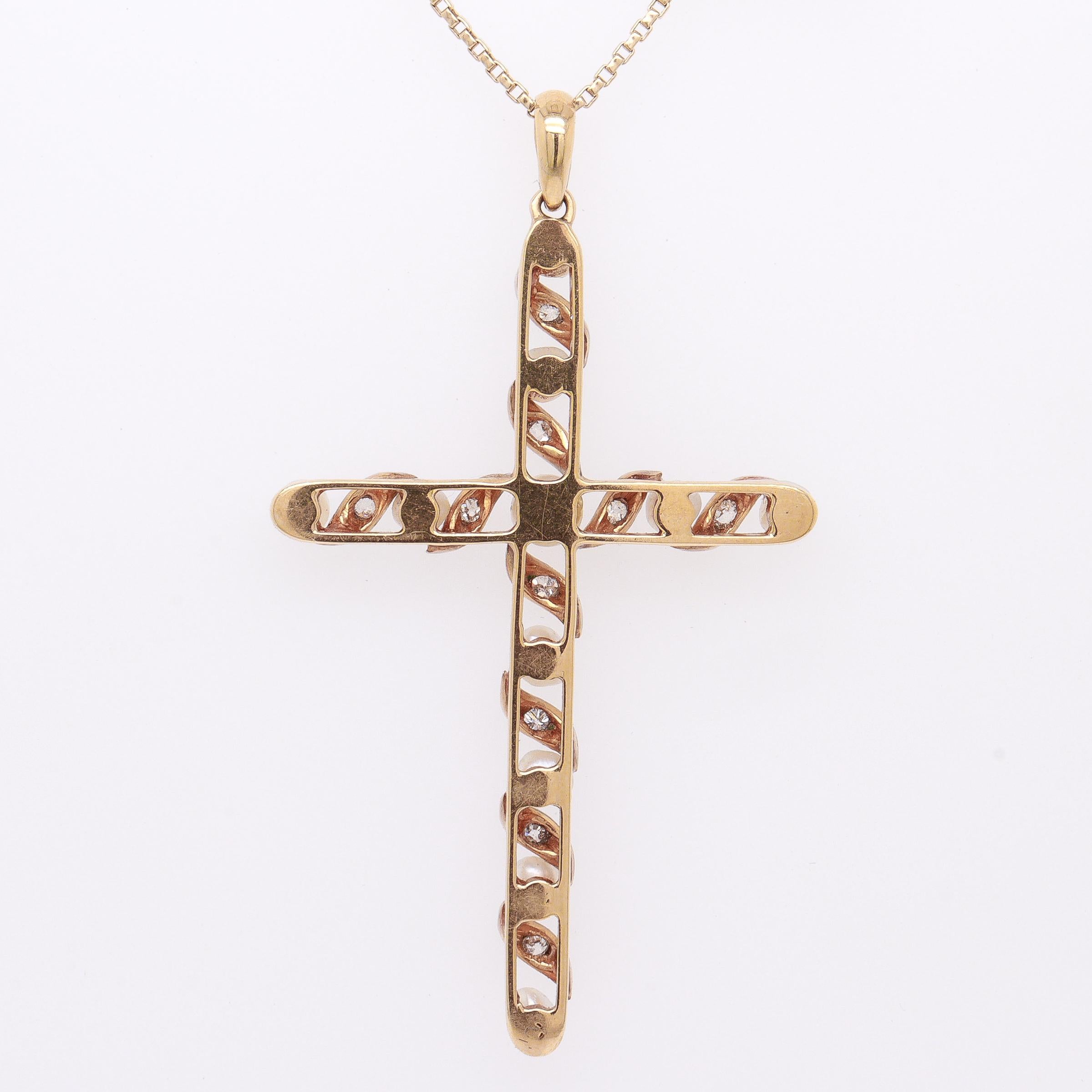 Pendentif croix en or 14K, diamants et perles baroques de style édouardien ancien en vente 1