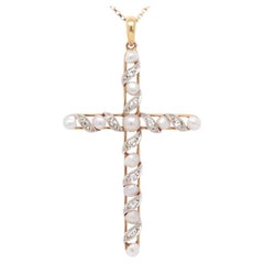 Antique Edwardian 14K Gold, Diamond, & Baroque Pearl Cross Necklace Pendant