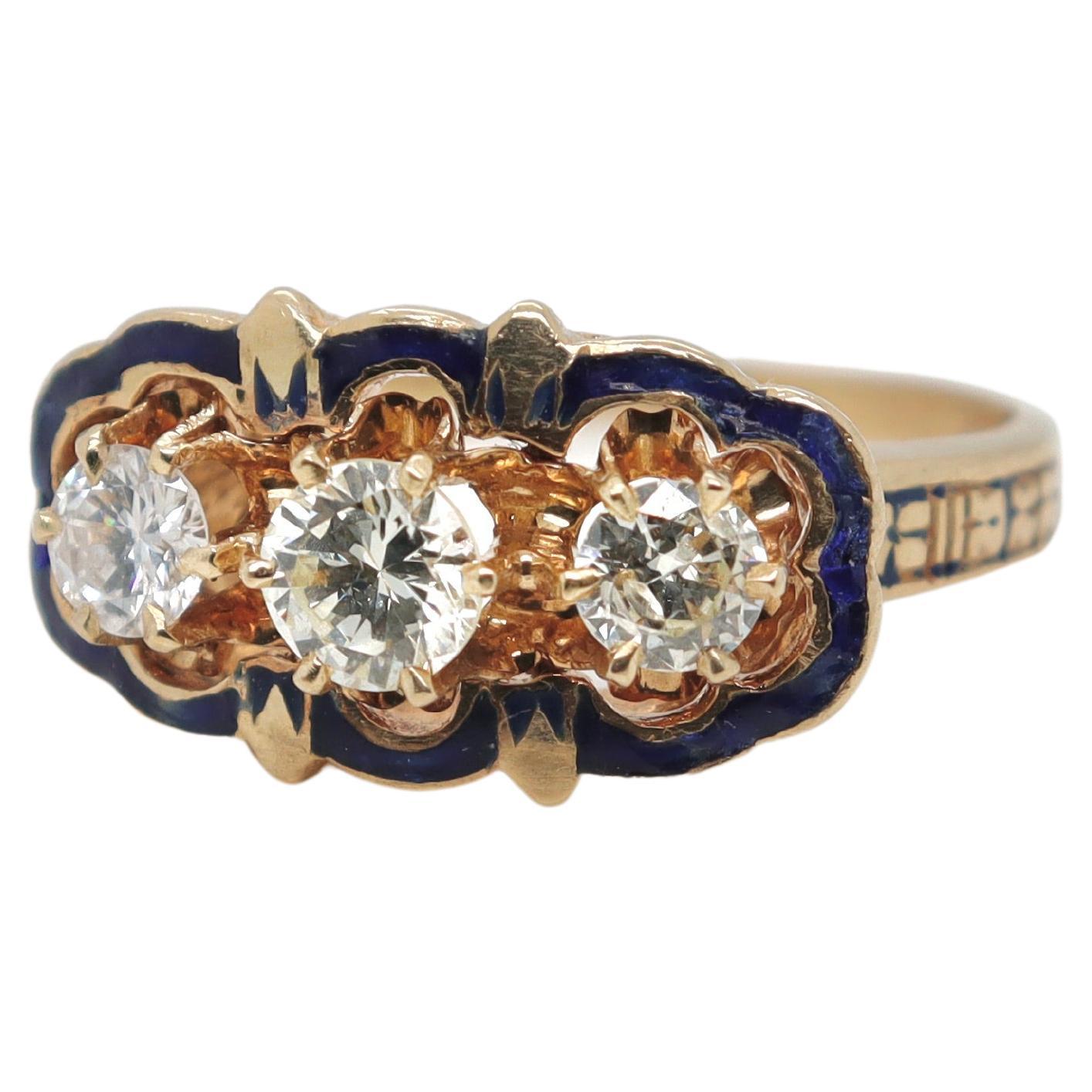 Antique Edwardian 14k Gold, Diamond 
Blue Enamel Three Stone Cocktail Ring