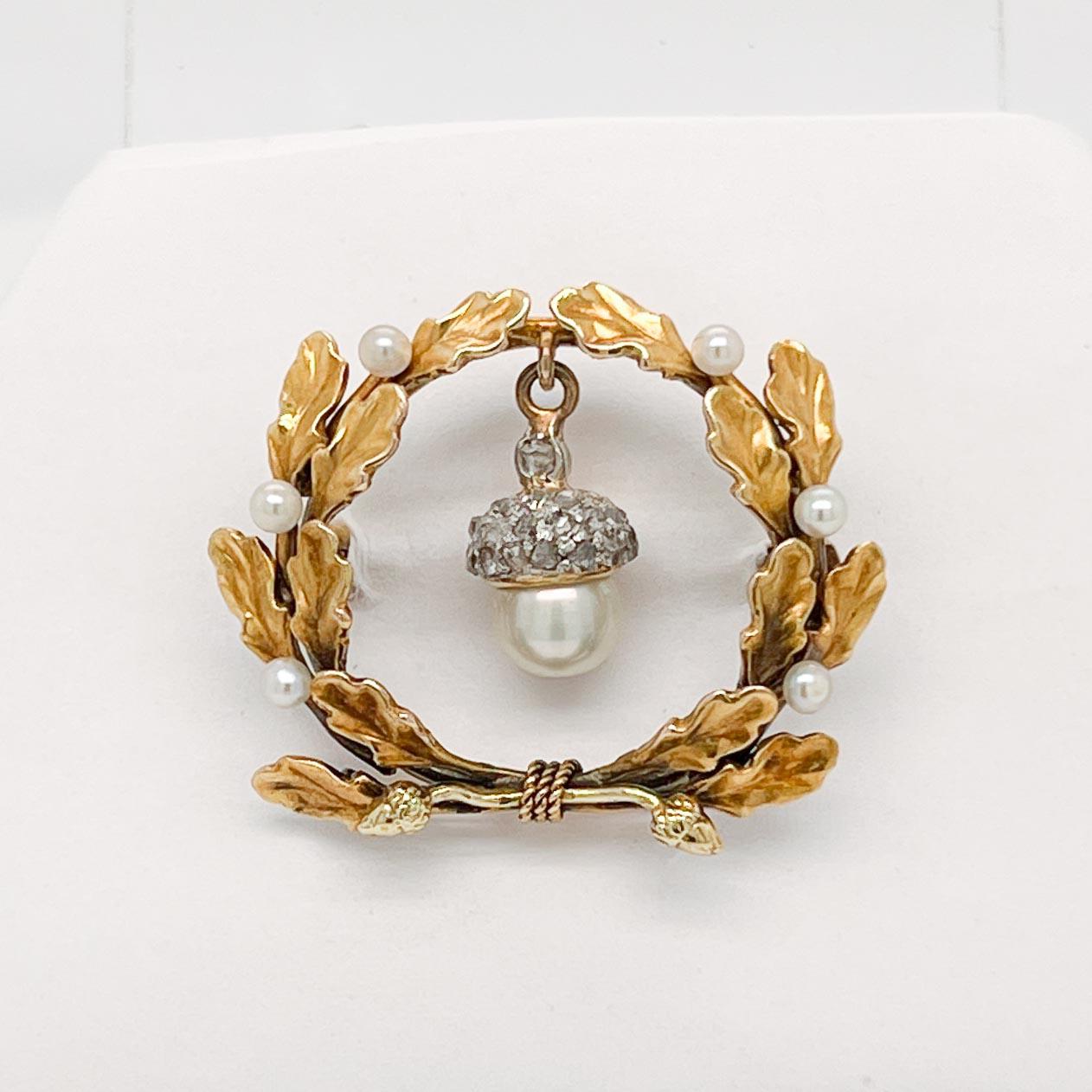 Antike antike Edwardian 14K Gold, Diamant &amp; Perle Eichel &amp; Eichenblatt Brosche (Rundschliff) im Angebot