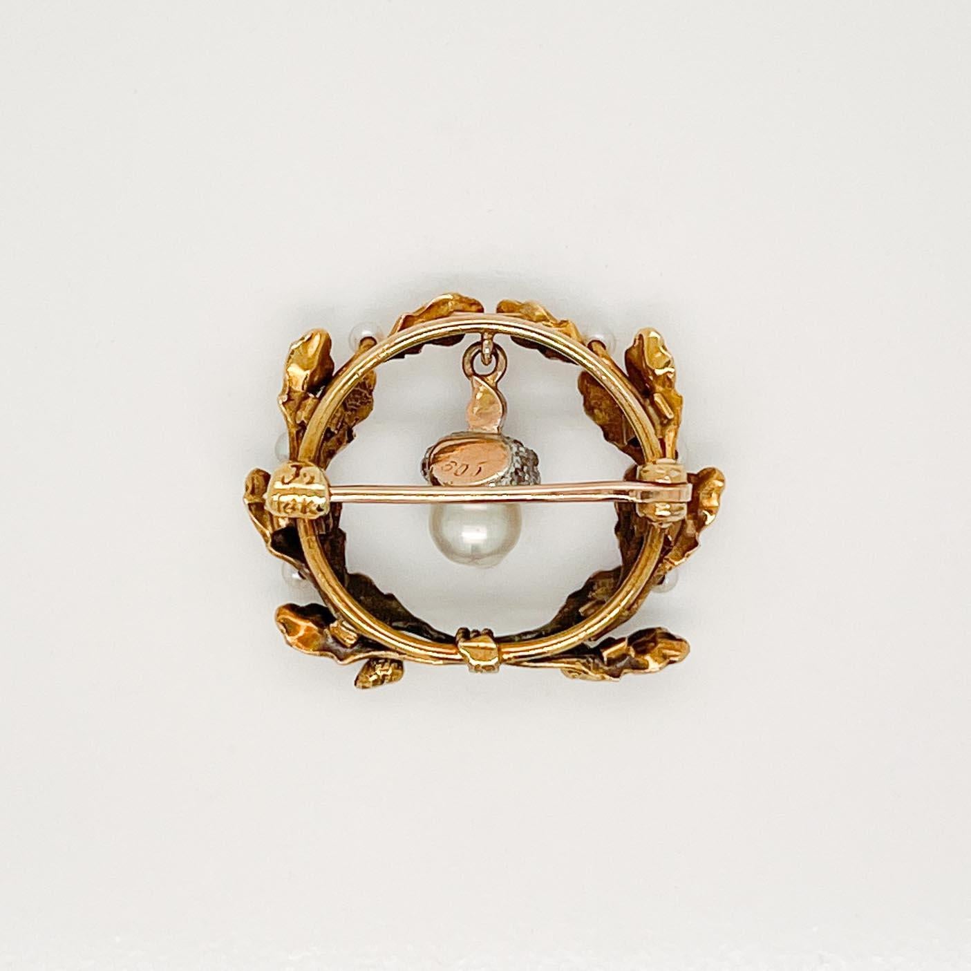 Antique Edwardian 14K Gold, Diamond & Pearl Acorn & Oak Leaf Brooch In Good Condition For Sale In Philadelphia, PA
