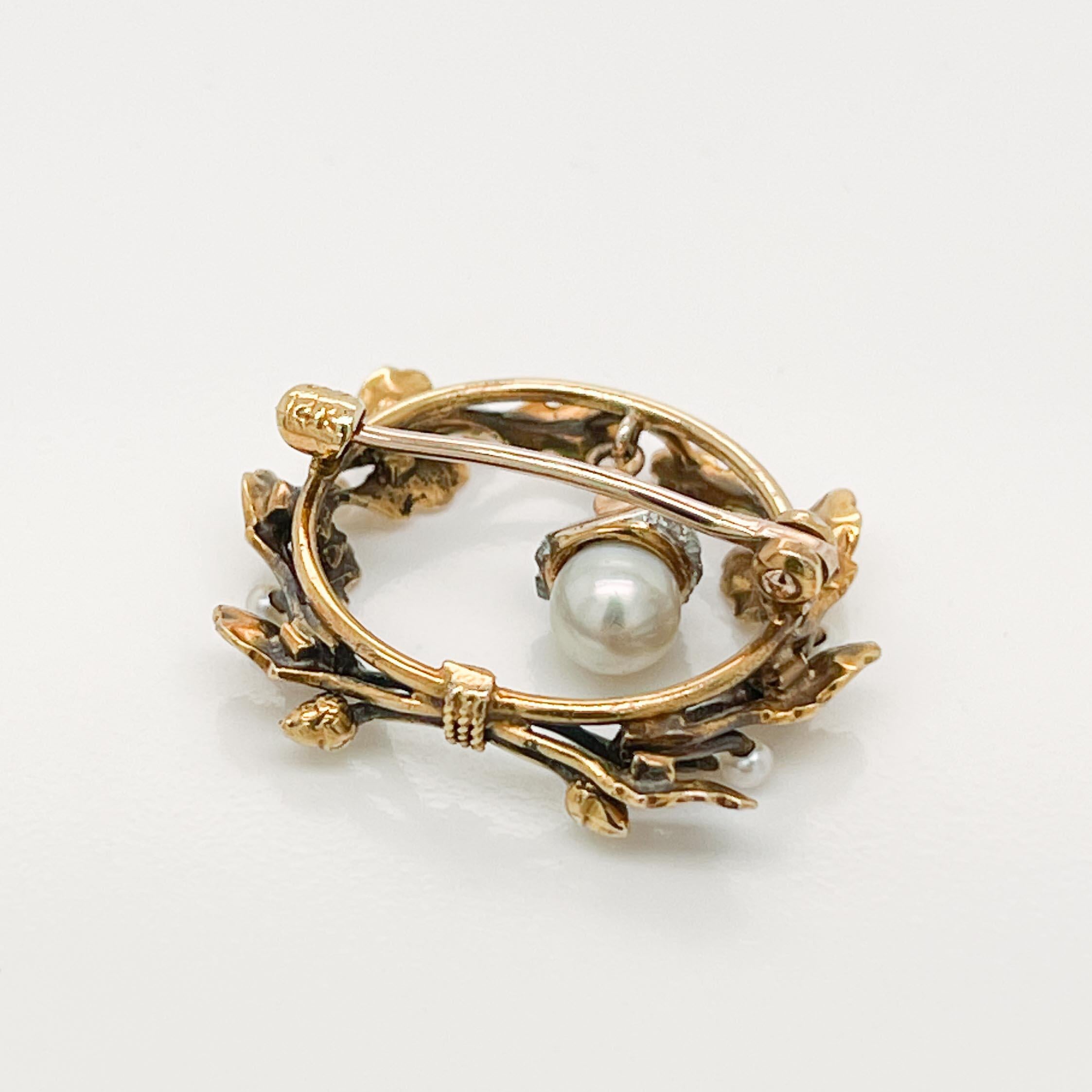 Women's Antique Edwardian 14K Gold, Diamond & Pearl Acorn & Oak Leaf Brooch For Sale