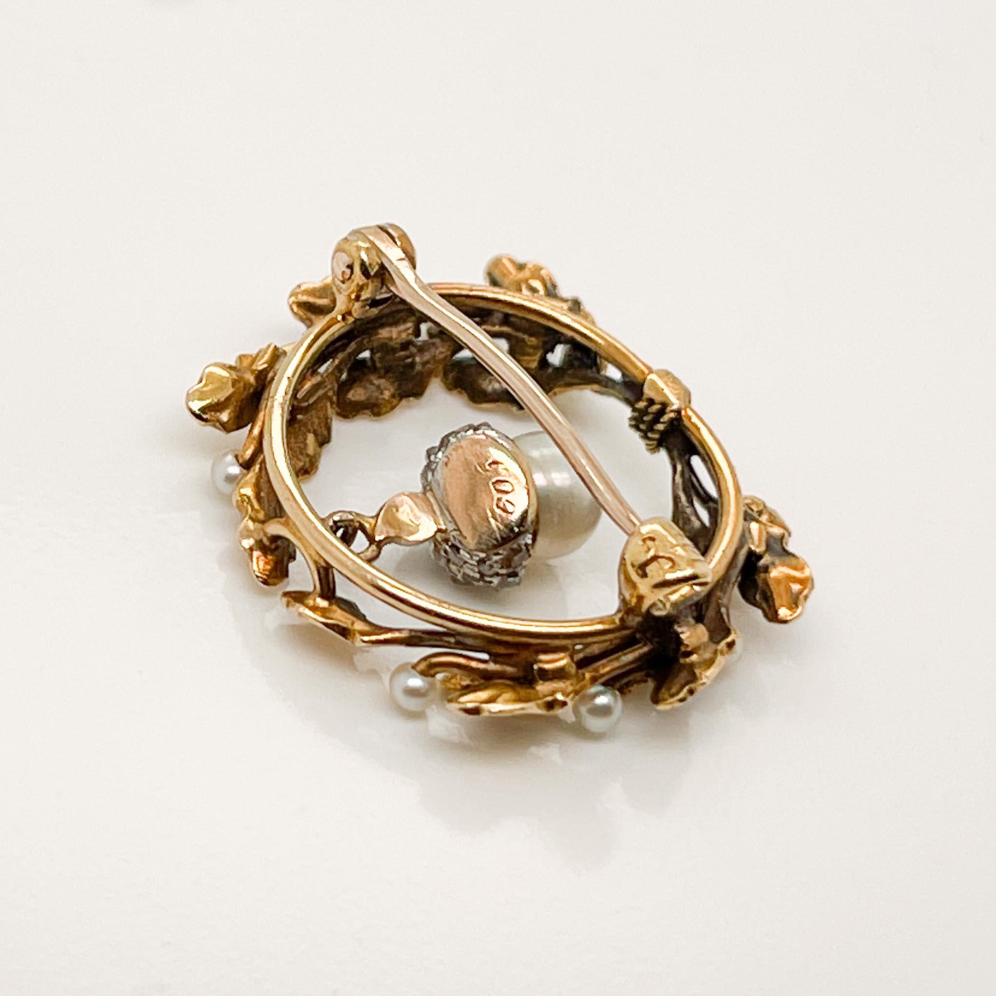 Antique Edwardian 14K Gold, Diamond & Pearl Acorn & Oak Leaf Brooch For Sale 1