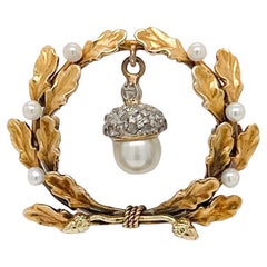Antique Edwardian 14K Gold, Diamond & Pearl Acorn & Oak Leaf Brooch