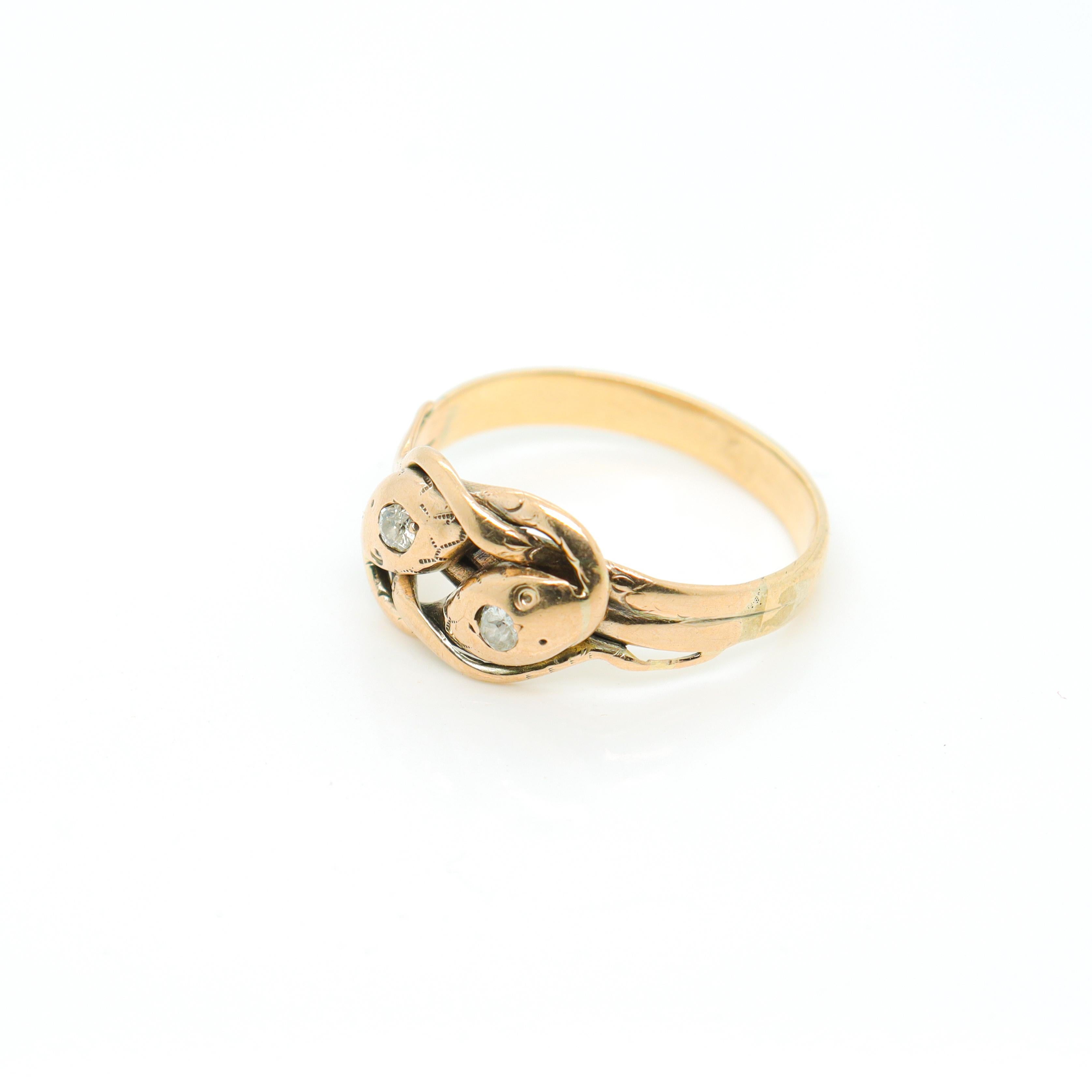 Round Cut Antique Edwardian 14k Gold & Diamond Snake Ring For Sale