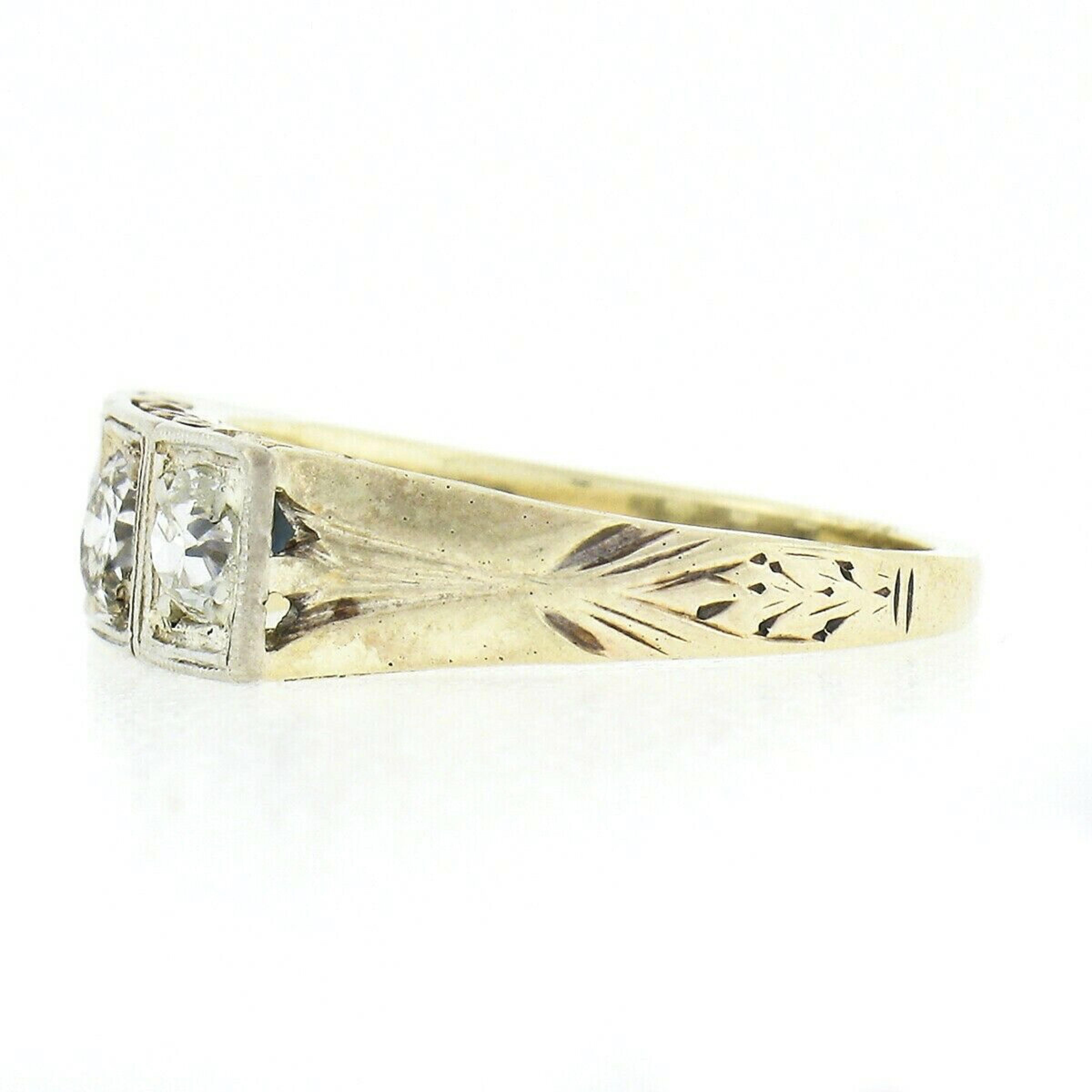 Women's or Men's Antique Edwardian 14K Gold European Diamond Filigree Engraved 3 Stone Band Ring For Sale