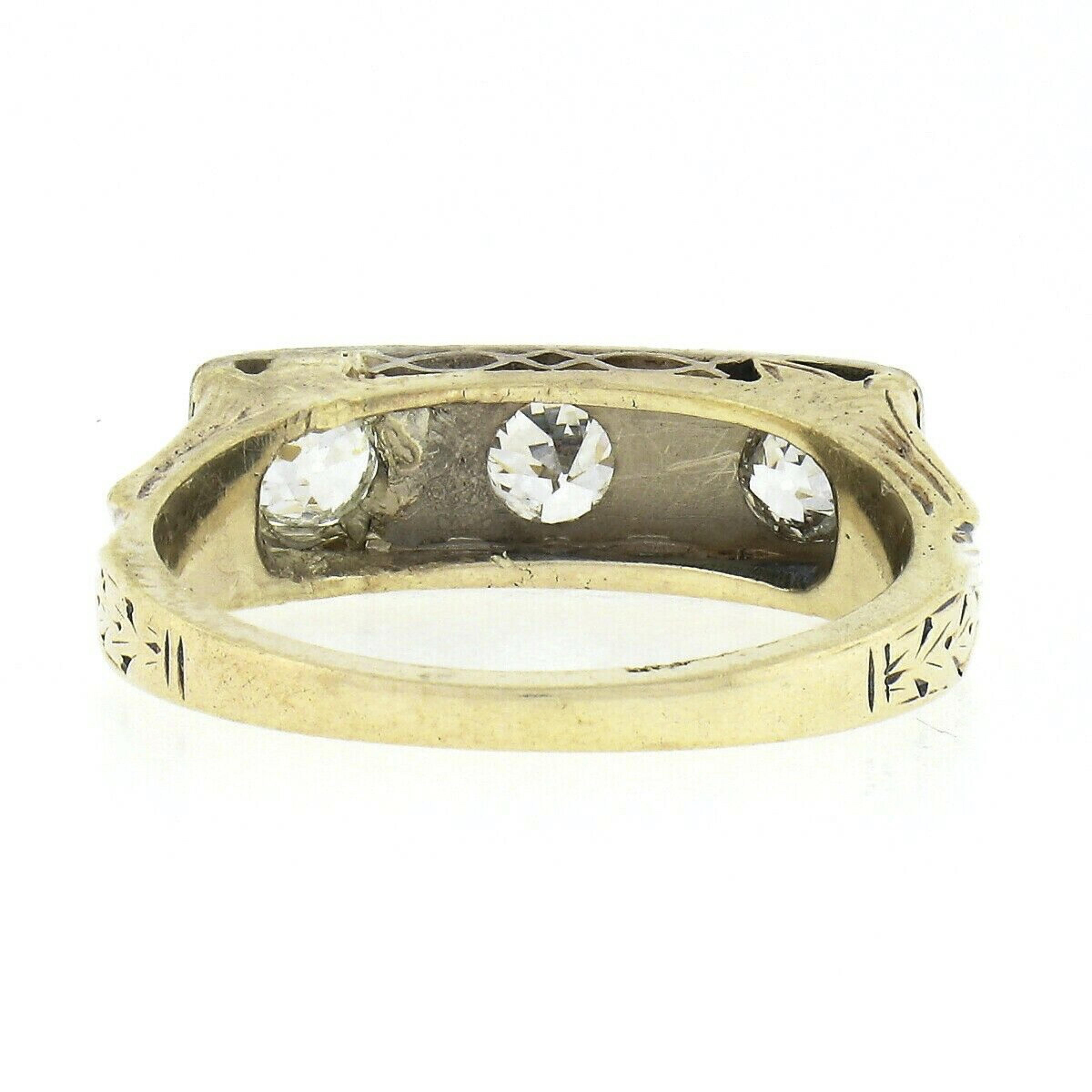 Antique Edwardian 14K Gold European Diamond Filigree Engraved 3 Stone Band Ring For Sale 1