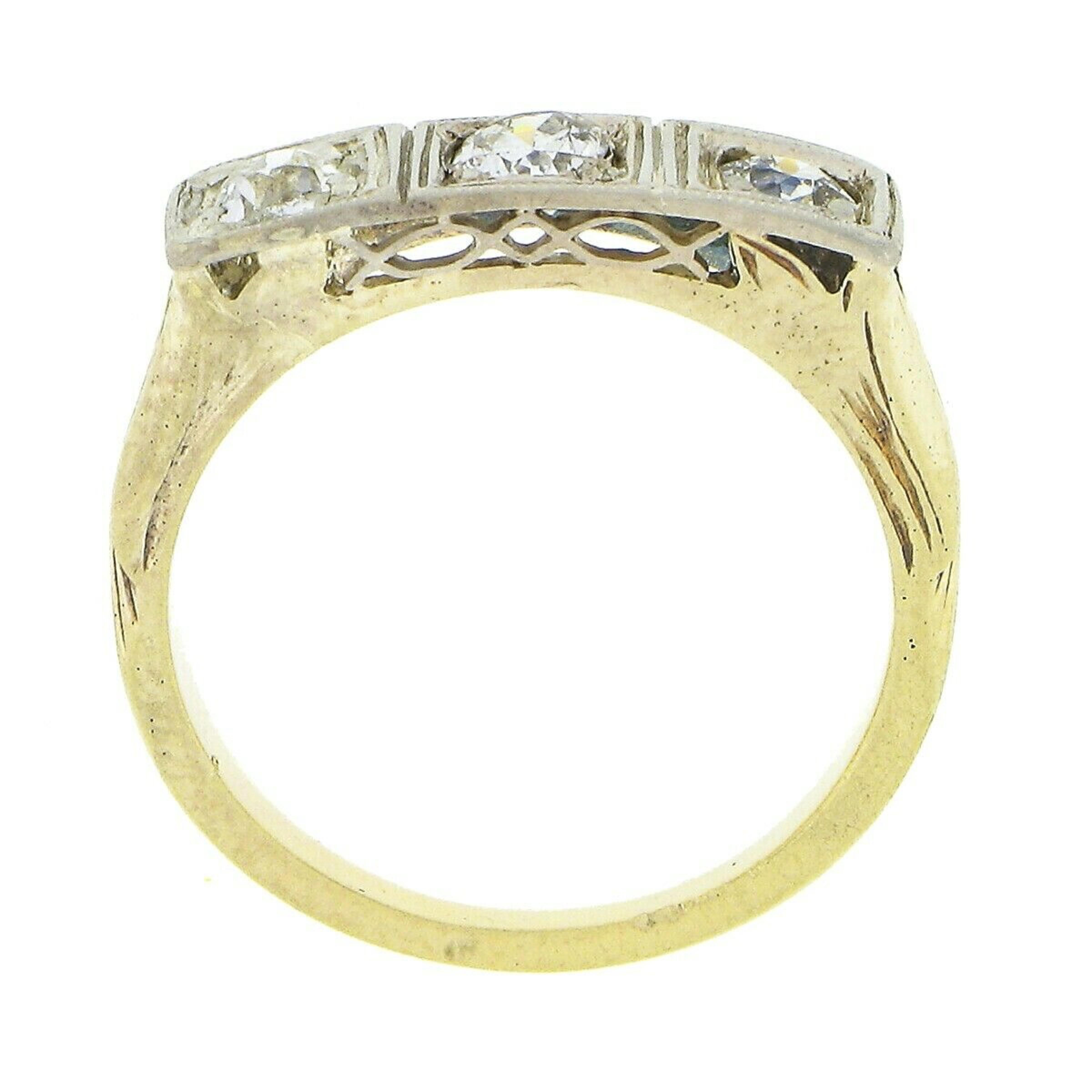 Antiguo anillo eduardiano de oro de 14 quilates con filigrana europea de diamantes grabada de 3 piedras en venta 2