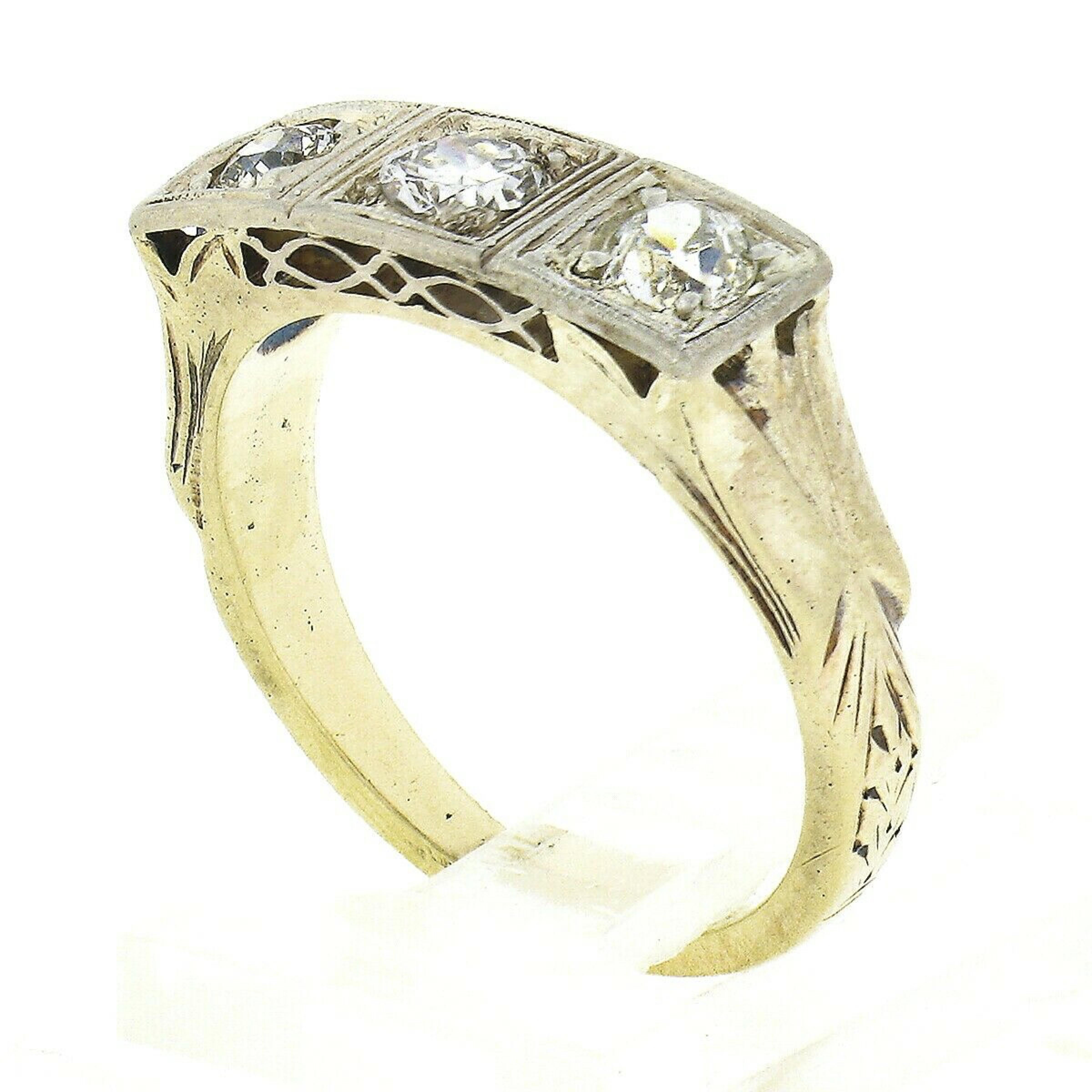 Antique Edwardian 14K Gold European Diamond Filigree Engraved 3 Stone Band Ring For Sale 3