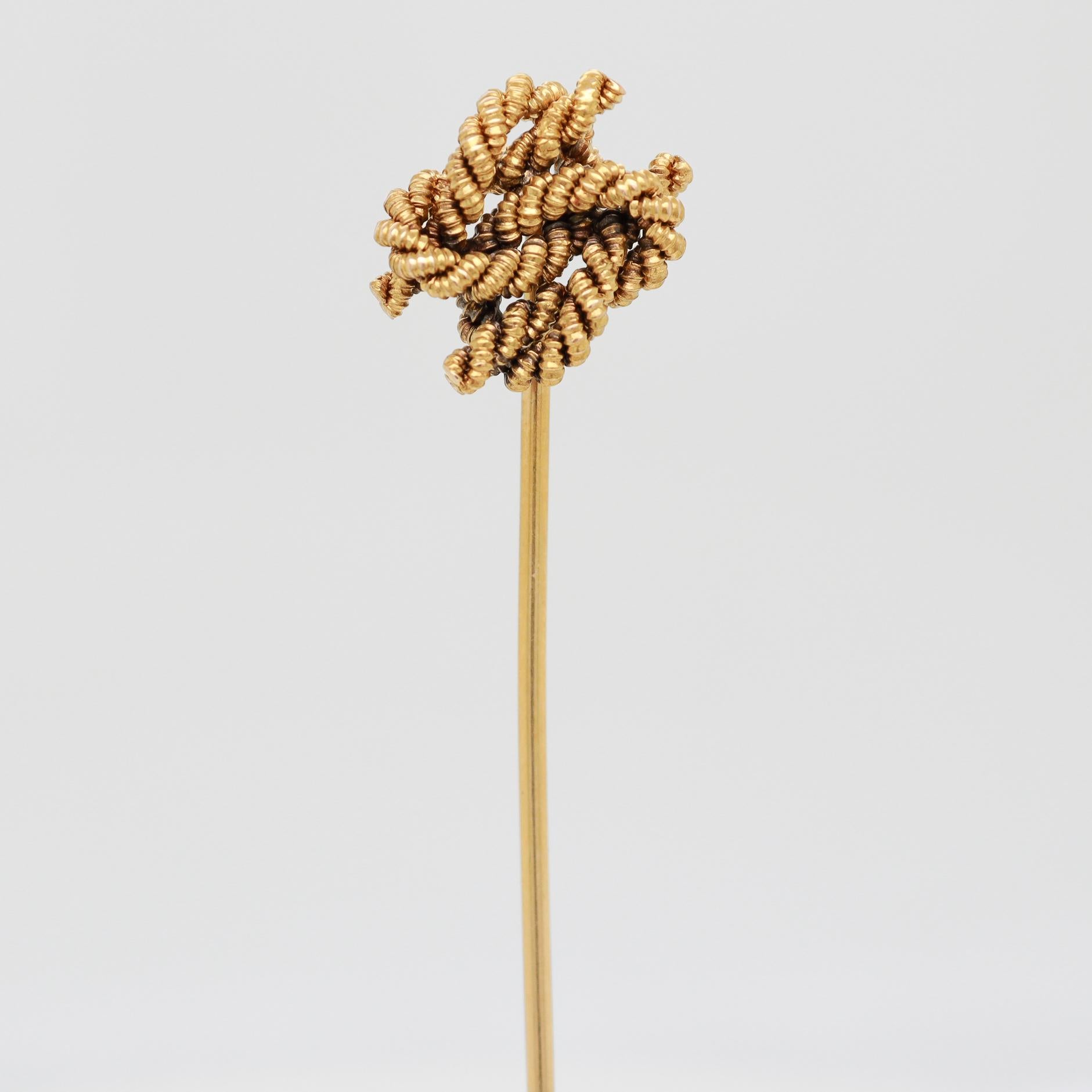 Women's or Men's Antique Edwardian 14k Gold Figural Rope Twist Double Love Knot Stickpin For Sale