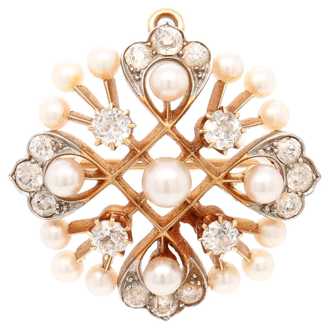 Broche/pendentif convertible en or 14k, perles et diamants de style édouardien ancien en vente