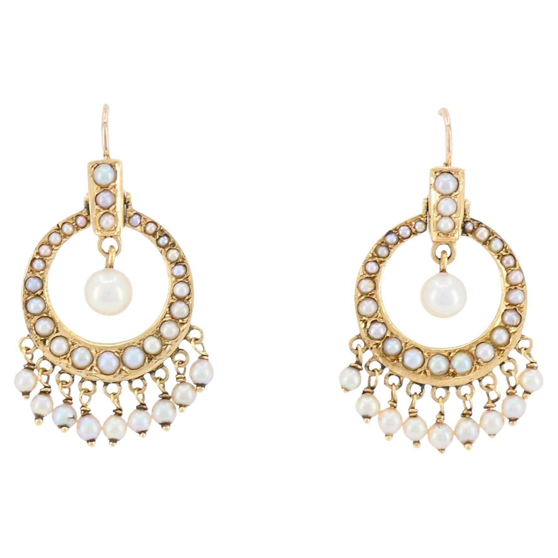 Antique Edwardian 14K Gold Pearl Drop Earrings, Circa 1900 For Sale