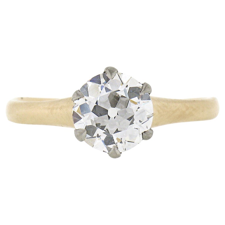 Antique Edwardian 14k Gold & Plat GIA European Diamond Solitaire Engagement Ring For Sale