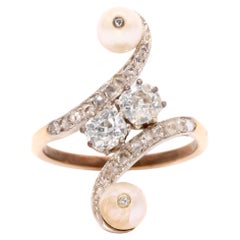 Antique Edwardian 14K Gold & Platinum 0.81ctw Old Cut Diamond and Pearl Ring