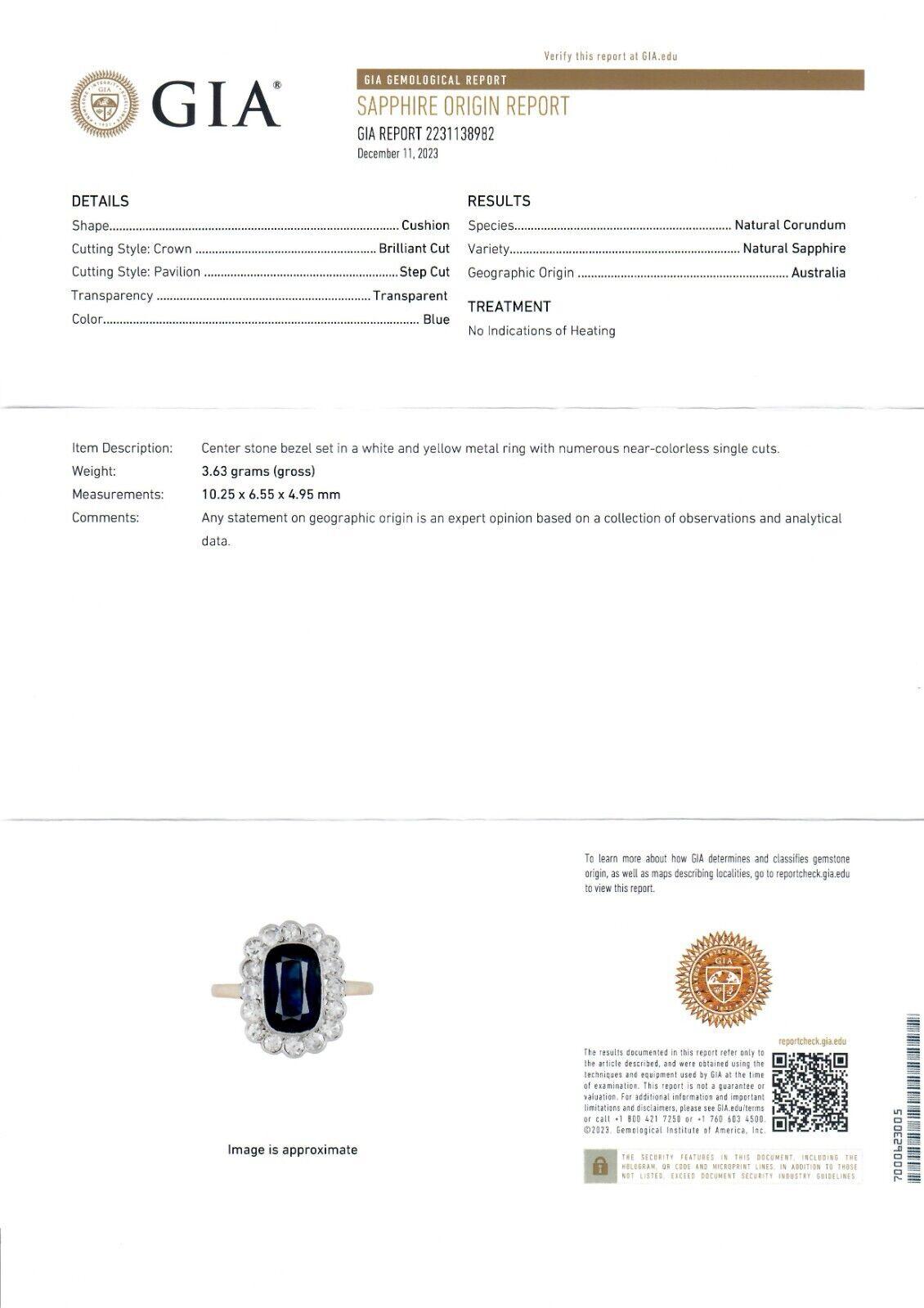 Antique Edwardian 14K Gold & Platinum 3.60ctw GIA Sapphire Diamond Halo Ring For Sale 6