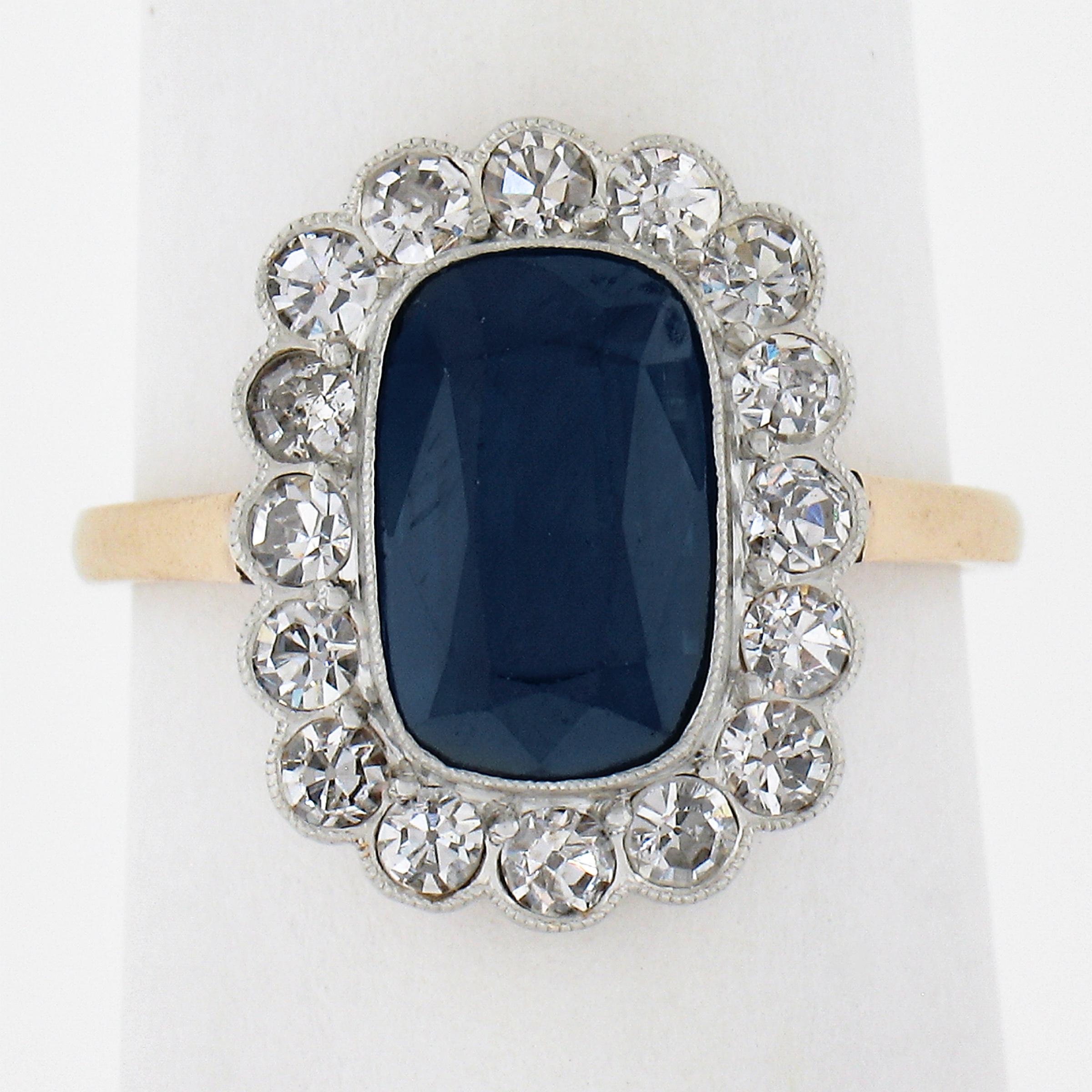 --Stone(s):--
(1) Natural Genuine Sapphire - Old Cushion Cut - Milgrain Bezel Set - Dark Blue Color - 3ct (approx. based on the certification)
** See Certification Details Below For More Info **
(16) Natural Genuine Diamonds - Old Single Cut - Half