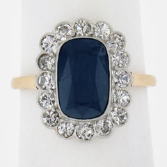 Antique Edwardian 14K Gold & Platinum 3.60ctw GIA Sapphire Diamond Halo Ring
